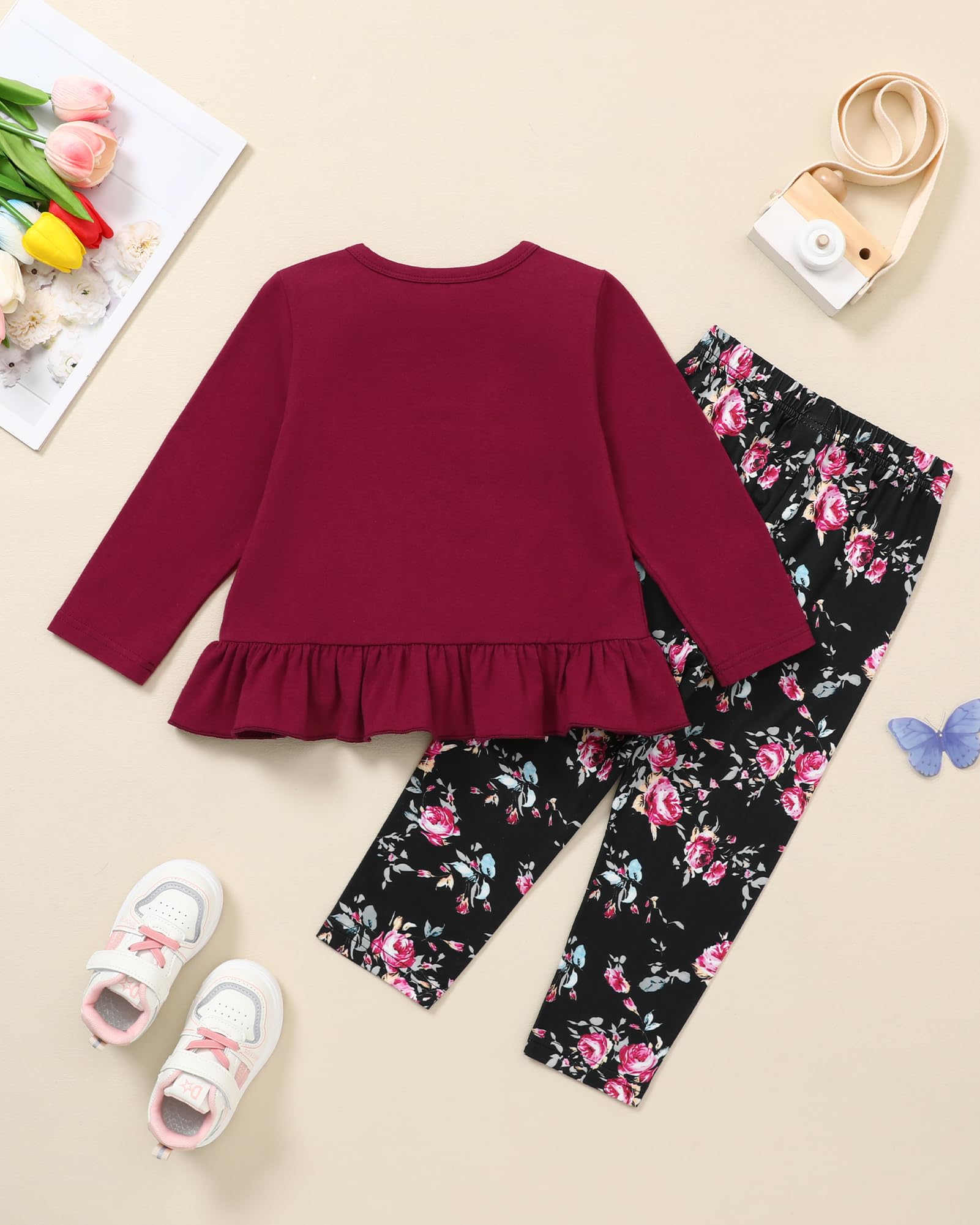 Toddler Girl Clothes 18M-8T Girls Fall Winter Outfit, Long Sleeve Ruffle Bowknot Top + Floral Pants 2Pcs Clothing Set
