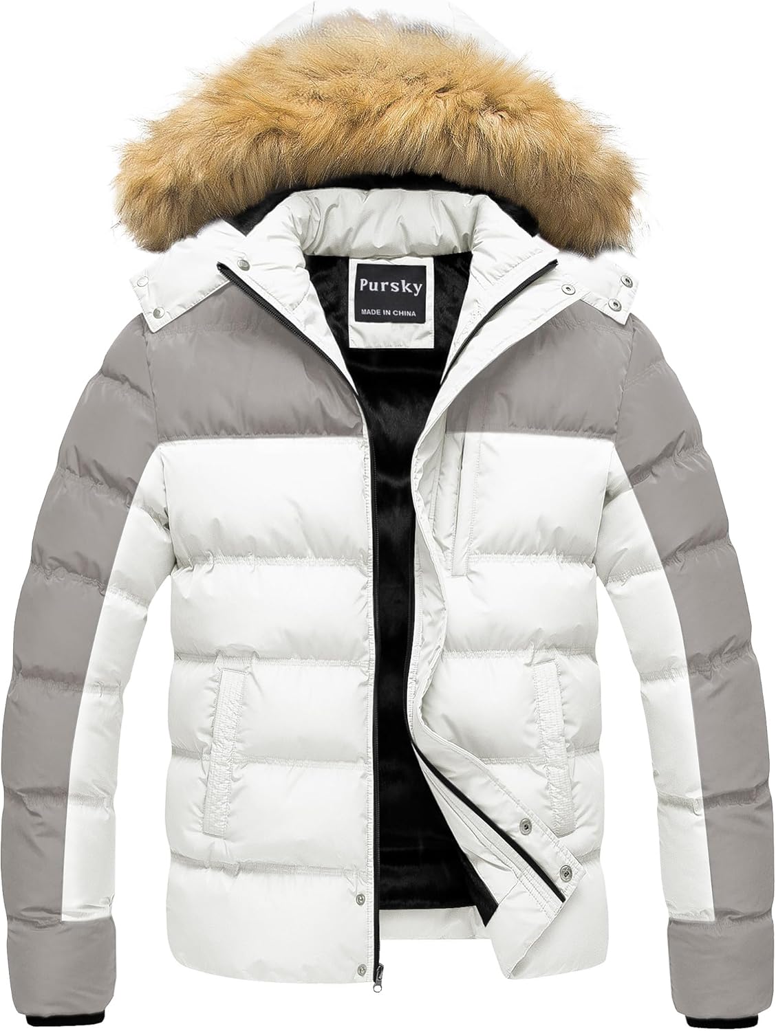 Pursky Men's Puffer Jacket Waterproof Winter Bubble Coats Ski Parka Fur Hooded