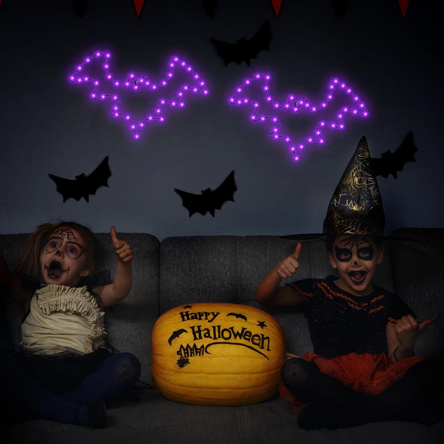 Halloween Decorations, 2 Pack Bat Window Lights, 8 Modes Battery Operated Halloween Lights with Timer, Waterproof Window Silhouette Light for Indoor Window Door Yard Party Decor
