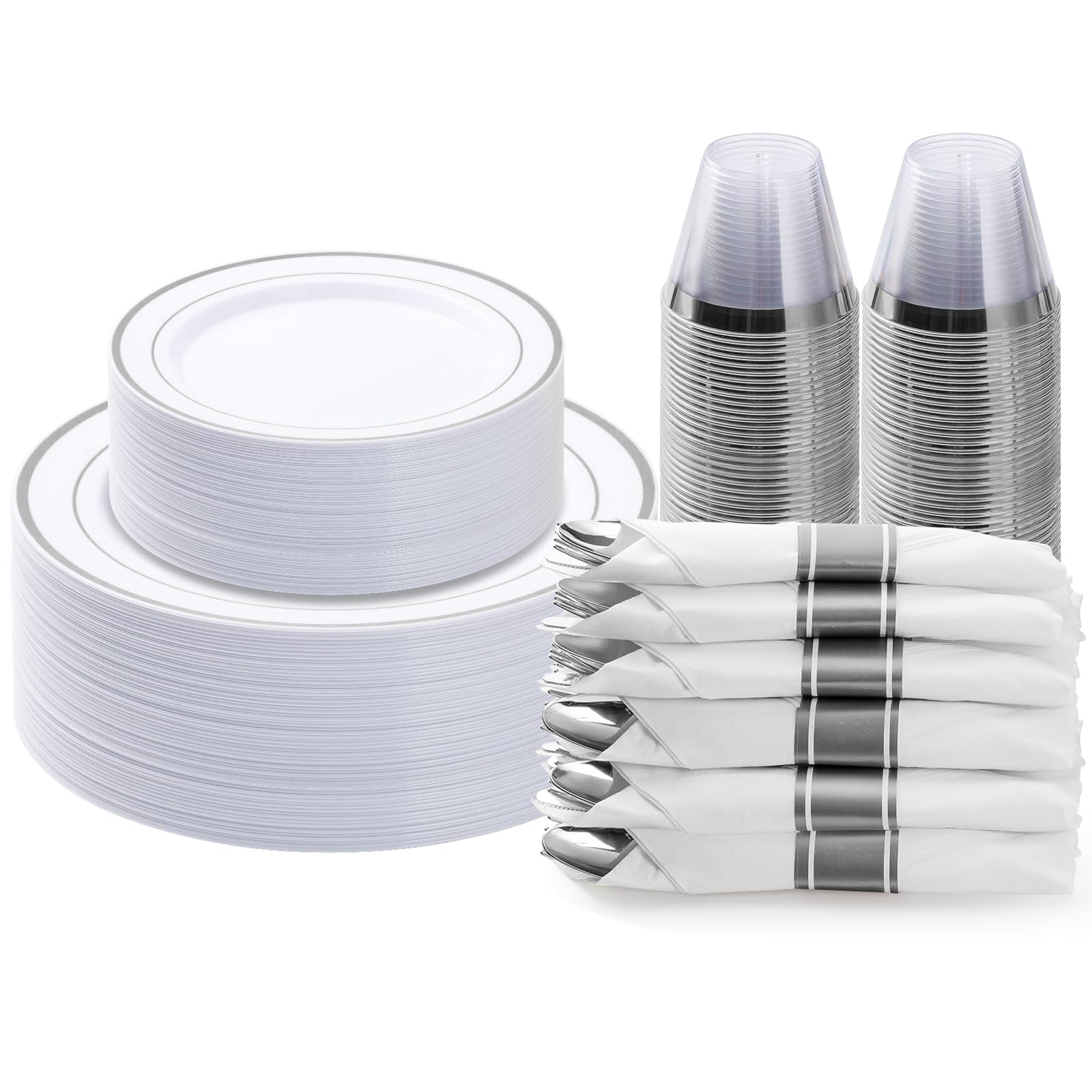 350PCS Gold Plastic Dinnerware Set, Disposable Party Plates for 50 Guests, Include: 100 Plastic Plates, 50 Pre Rolled Napkins with Gold Silverware, 50 Cups