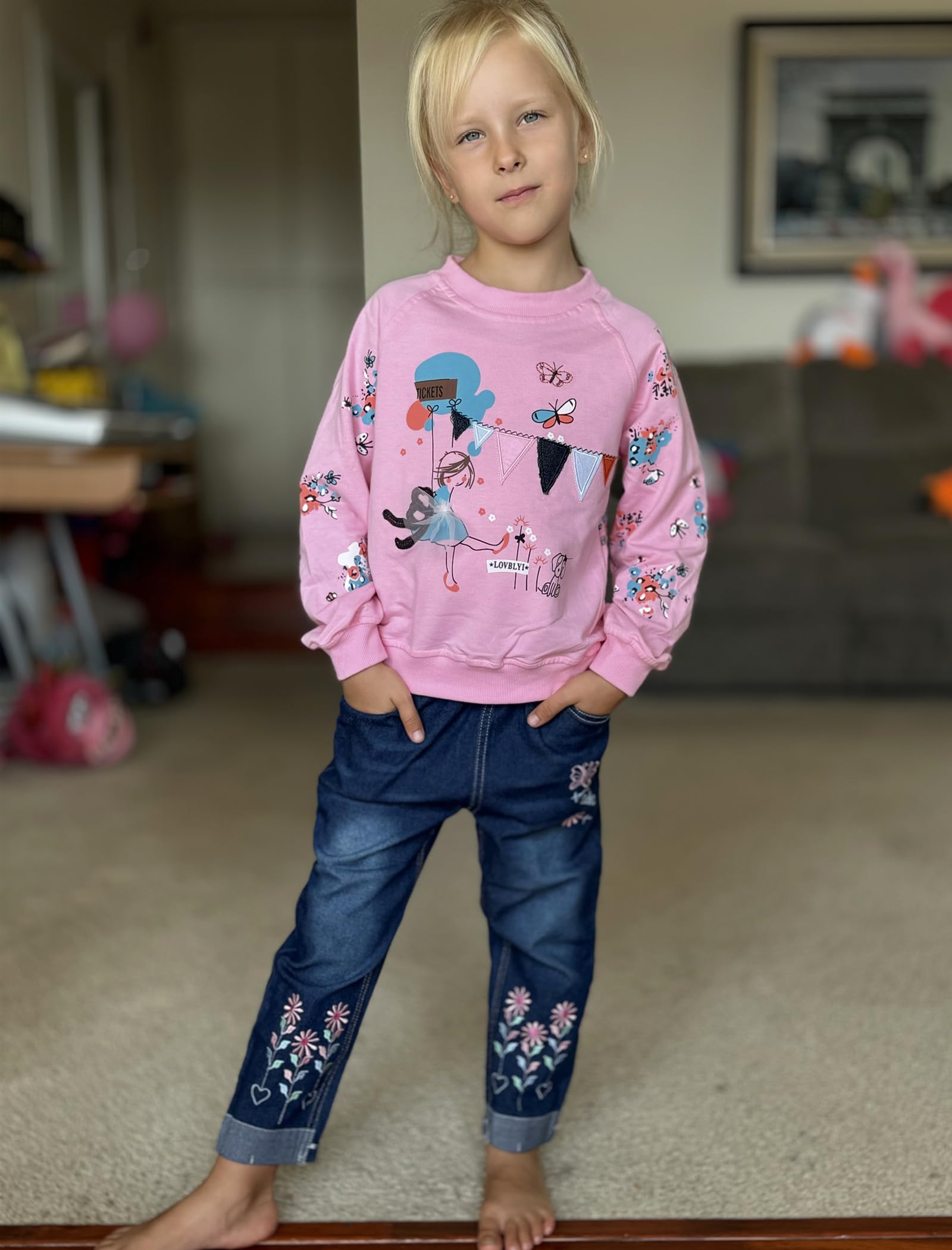 LUKYCILD Toddler Girl Clothes Baby Girl Long Sleeve Top + Jeans Pants with Pockets 2 Piece Outfit Cartoon Clothing Set