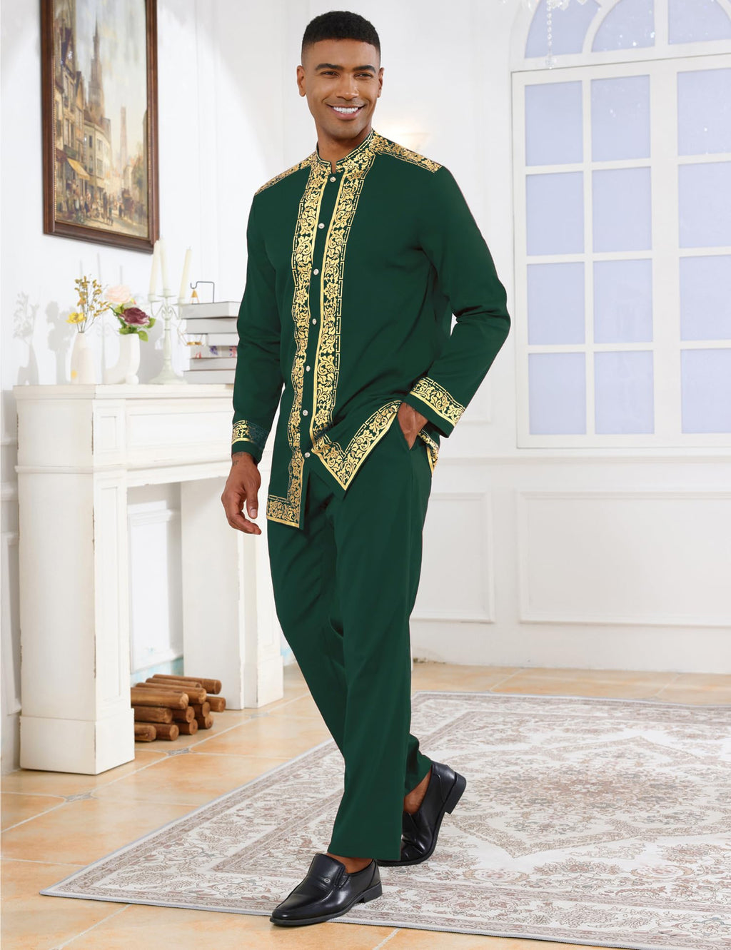 Mens African 2 Piece Set Nigerian Dashiki Metallic Traditional Suit Gold Stamp Printed Shirt and Pants Outfit