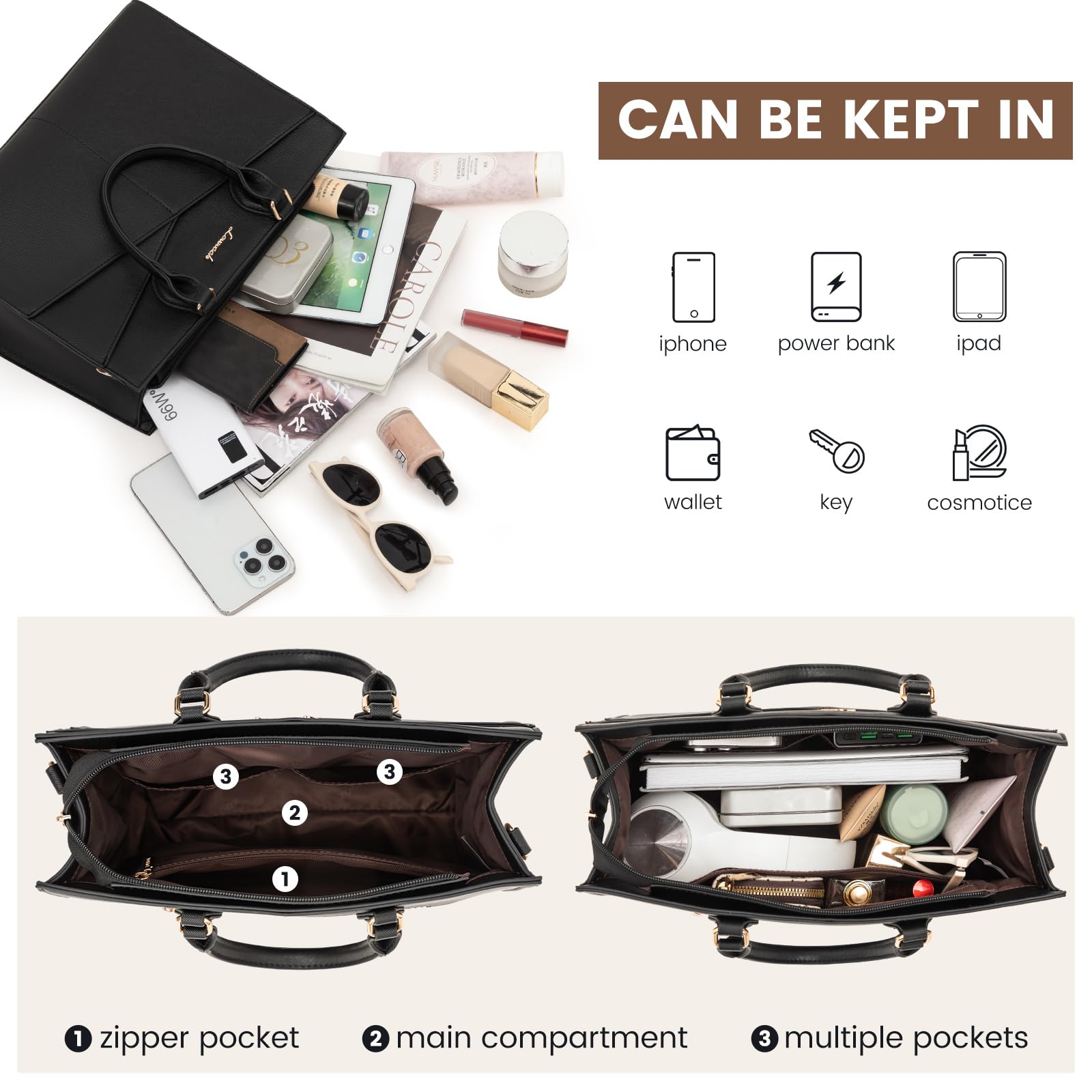 LOVEVOOK Purses for Women,Satchel Handbags Tote Bag, Black Pu Leather Shoulder Crossbody Top Handle Purse with Zipper