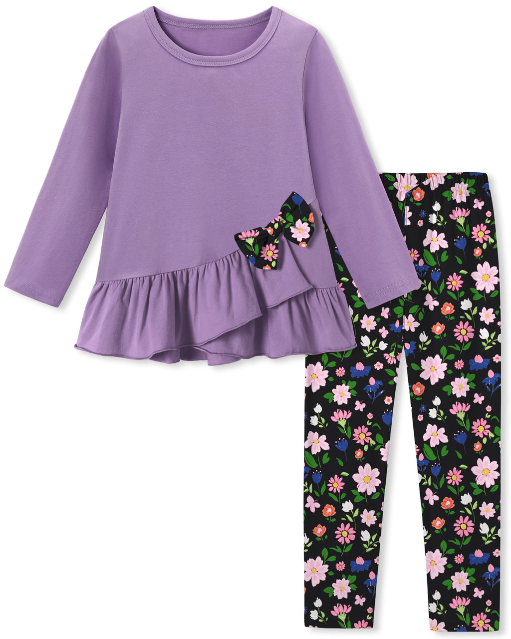 Toddler Girl Clothes 18M-8T Girls Fall Winter Outfit, Long Sleeve Ruffle Bowknot Top + Floral Pants 2Pcs Clothing Set
