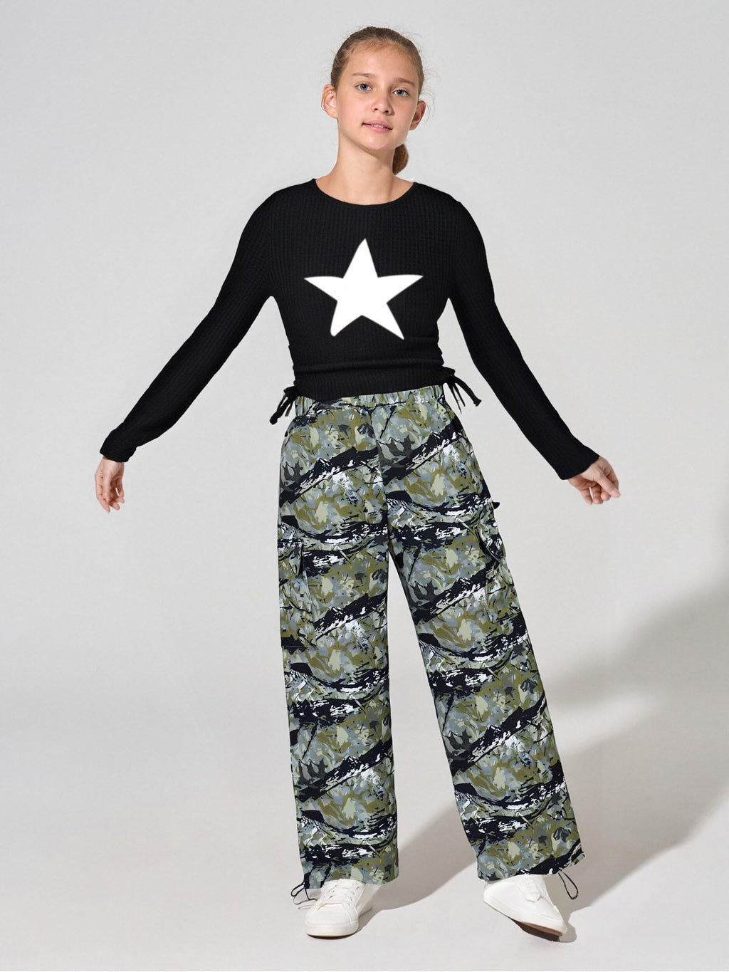 Girls Clothes Tween Girl Clothing Long Sleeve Ruched Drawstring Ribbed Knit Top Camo Cargo Pants Fall Winter Outfits