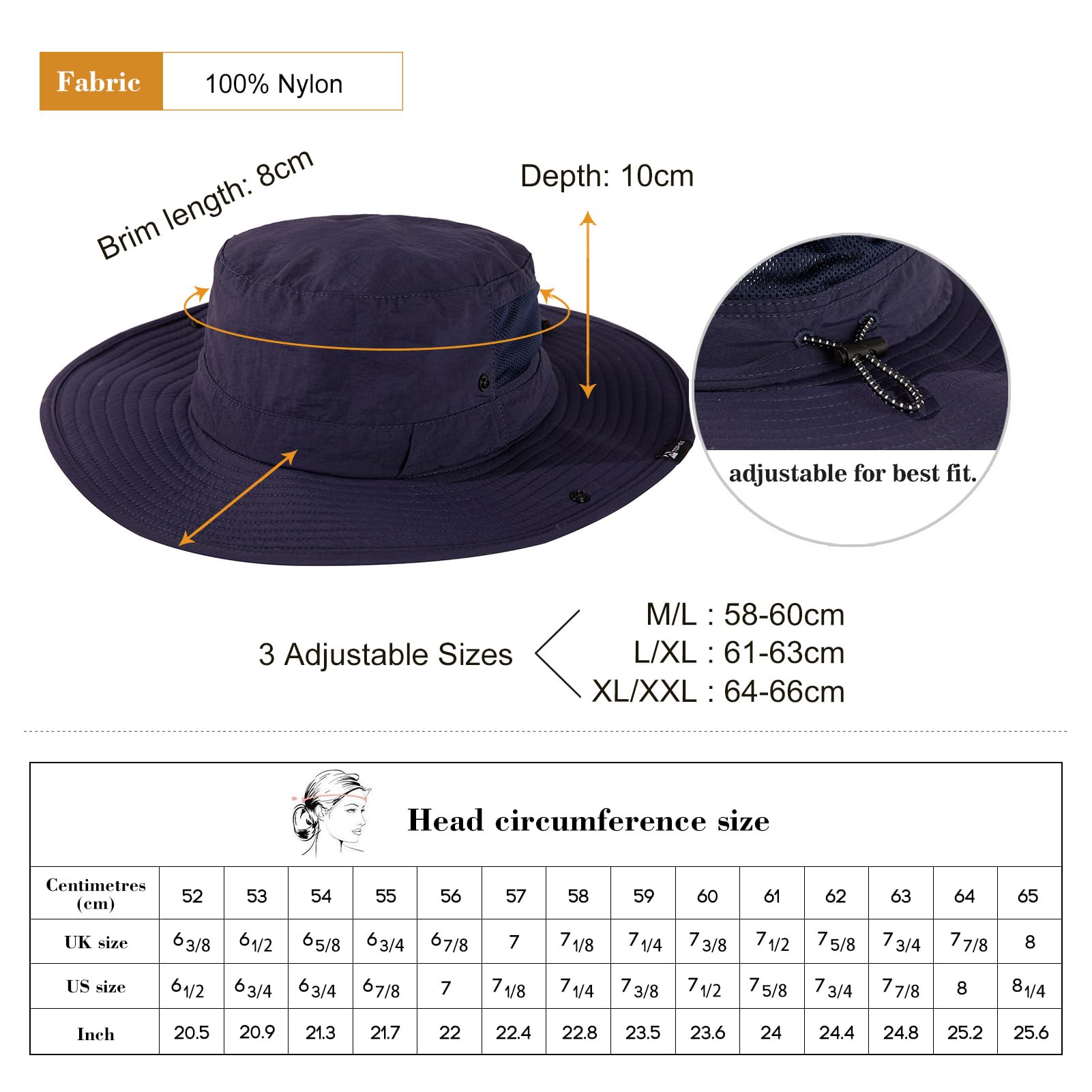 TOP-EX L/XL/XXL UV50+ Waterproof Wide Brim Bucket Sun Hat for Summer Fishing Hiking w/Detachable Strap & Vented Mesh