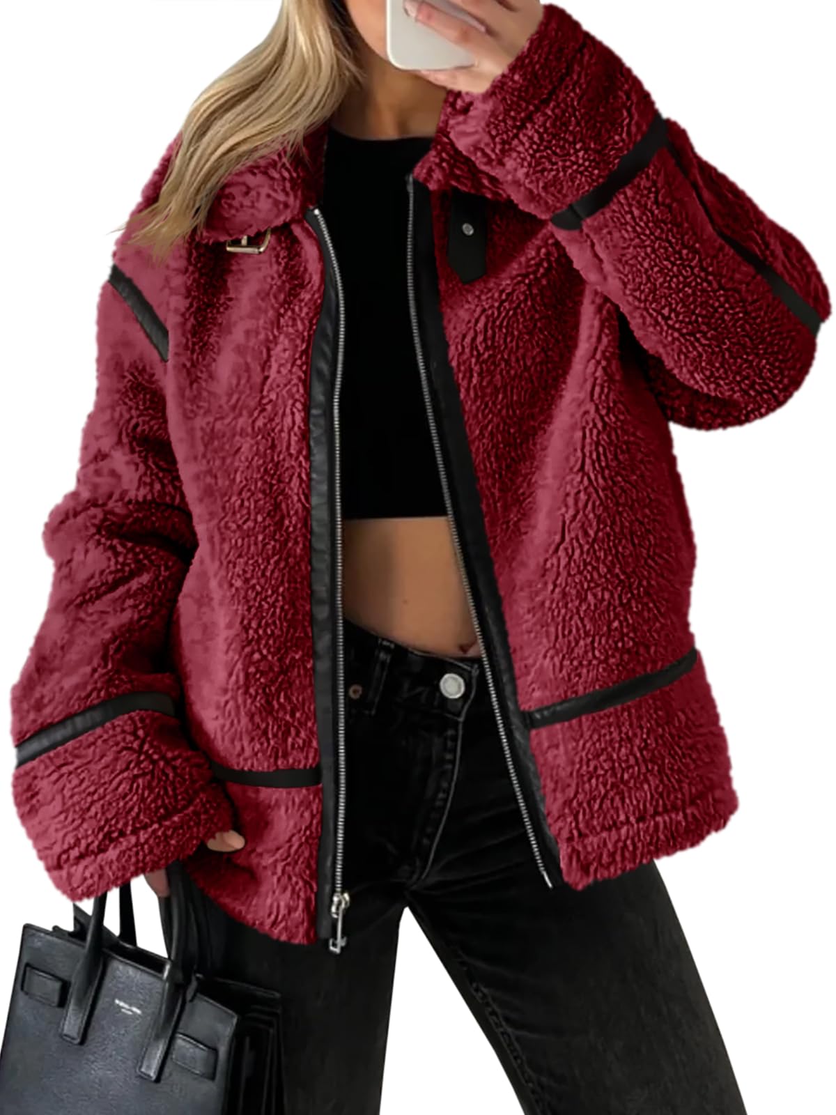 Tankaneo Womens Faux Fur Jackets Winter Trendy Sherpa Moto Leather Patchwork Zip Up Coat