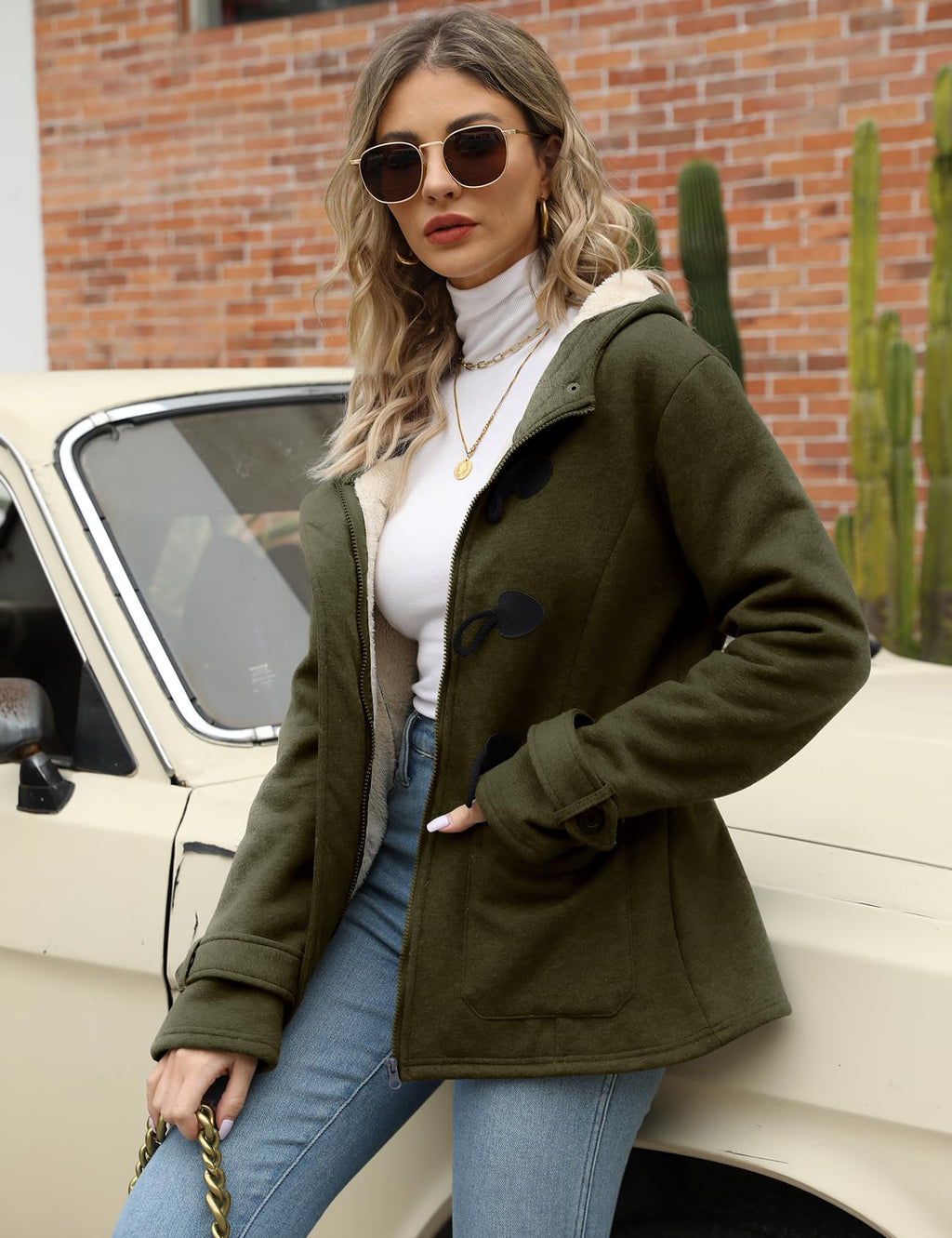 Gihuo Winter Jackets for Women Sherpa Lined Jacket Women Duffle Toggle Coat Hooded Fleece Jacket