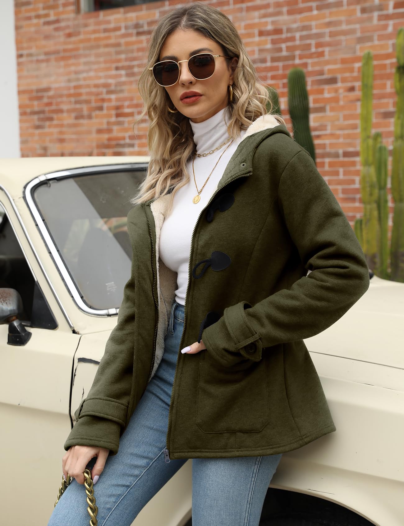 Gihuo Winter Jackets for Women Sherpa Lined Jacket Women Duffle Toggle Coat Hooded Fleece Jacket