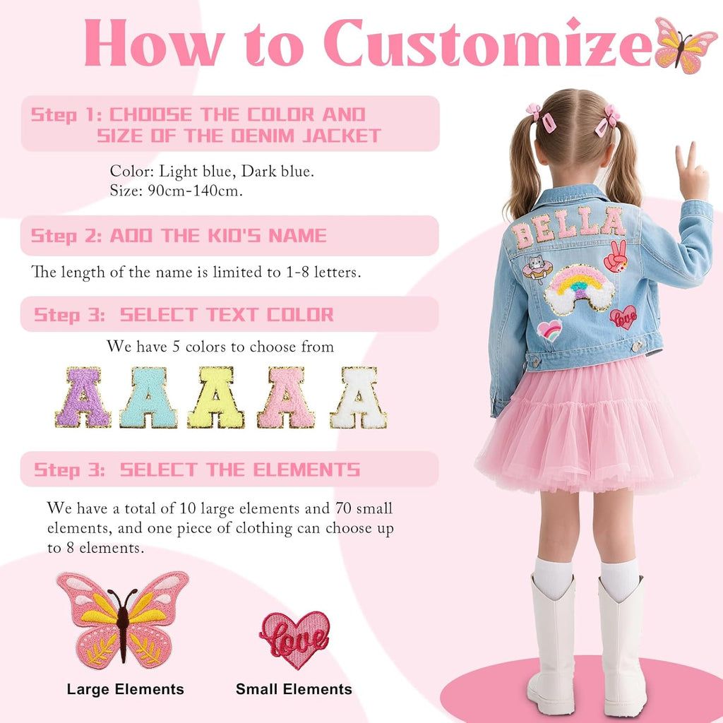 Personalized Kids Patch Denim Jacket with Names, Custom Long Sleeve Jean Jacket, Back to School Brithday Easter Gifts for Toddlers, 1-8 Years Old Girls Clothes, Girls Spring Outfits