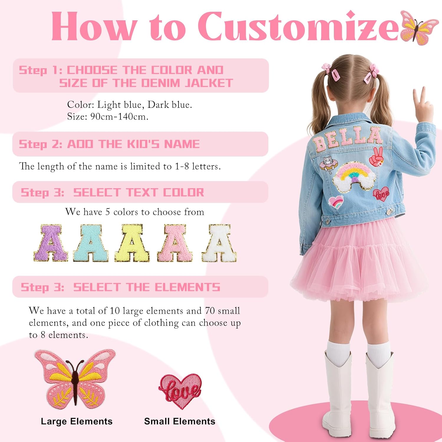 Personalized Kids Patch Denim Jacket with Names, Custom Long Sleeve Jean Jacket, Back to School Brithday Easter Gifts for Toddlers, 1-8 Years Old Girls Clothes, Girls Spring Outfits