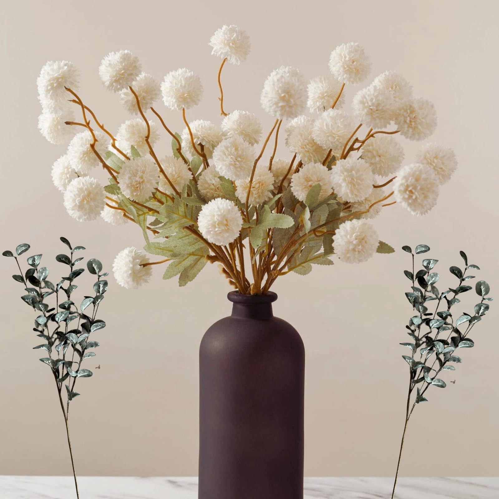 Fall Flowers, Burnt Orange Faux Kiku Flowers Artificial 10 Stems + Eucalyptus, Fake Silk Mums Fall Floral Centerpiece, Autumn Decor, Terracotta Mini Balls Faux Stems For Vase, Decoración de Otoño