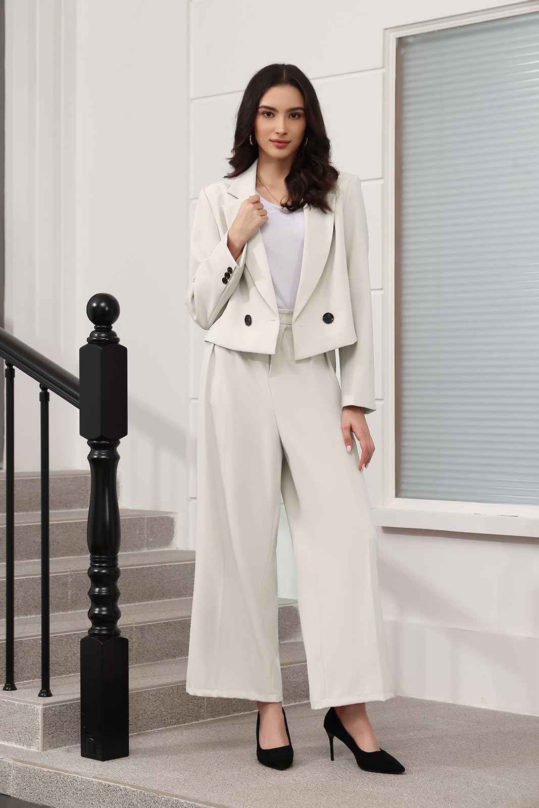 Lamgool Women's Suit 2 Piece Casual Outfits Cropped Blazer High Waisted Wide Leg Pants for Work
