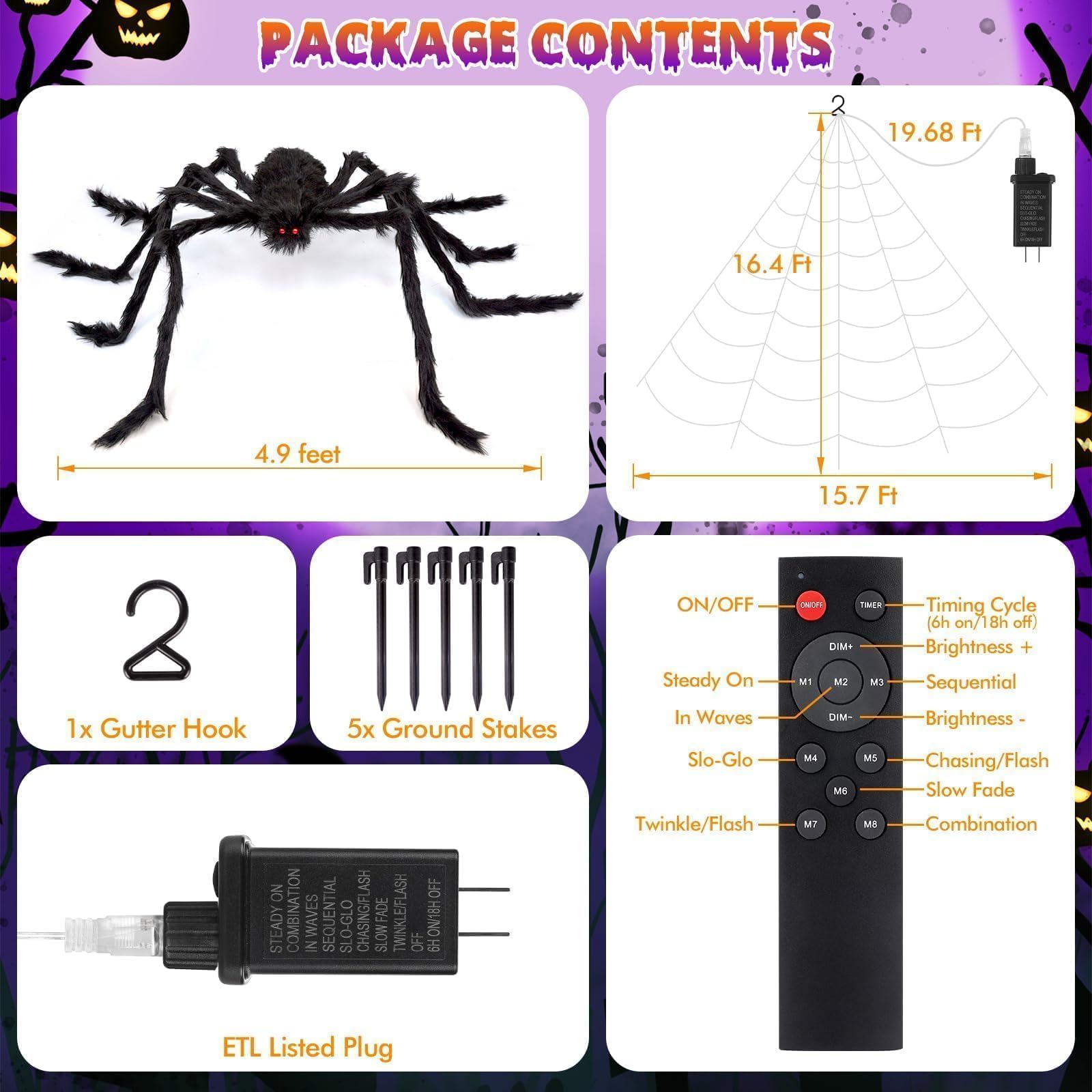 200" Halloween Spider Web + 59" Giant Spider Decorations Fake Spiders with Triangular Huge Spiders Web for Indoor Outdoor Halloween Decorations Yard Home Costumes Parties Haunted House Décor