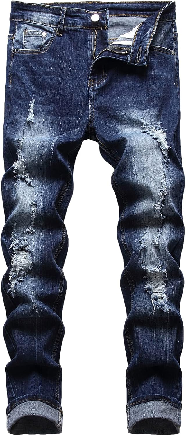 JUNBAOSS Men's Slim Fit Stretch Jeans Ripped Skinny Jeans for Men, Distressed Straight Leg Fashion Comfort Flex Waist Pants