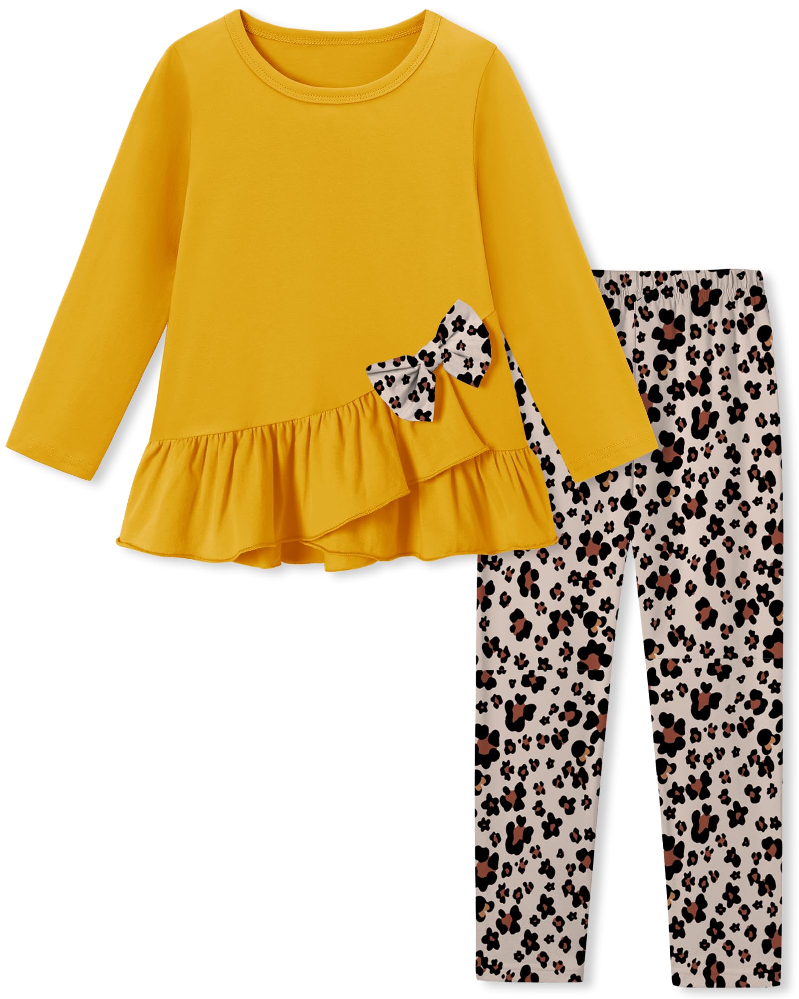 Toddler Girl Clothes 18M-8T Girls Fall Winter Outfit, Long Sleeve Ruffle Bowknot Top + Floral Pants 2Pcs Clothing Set