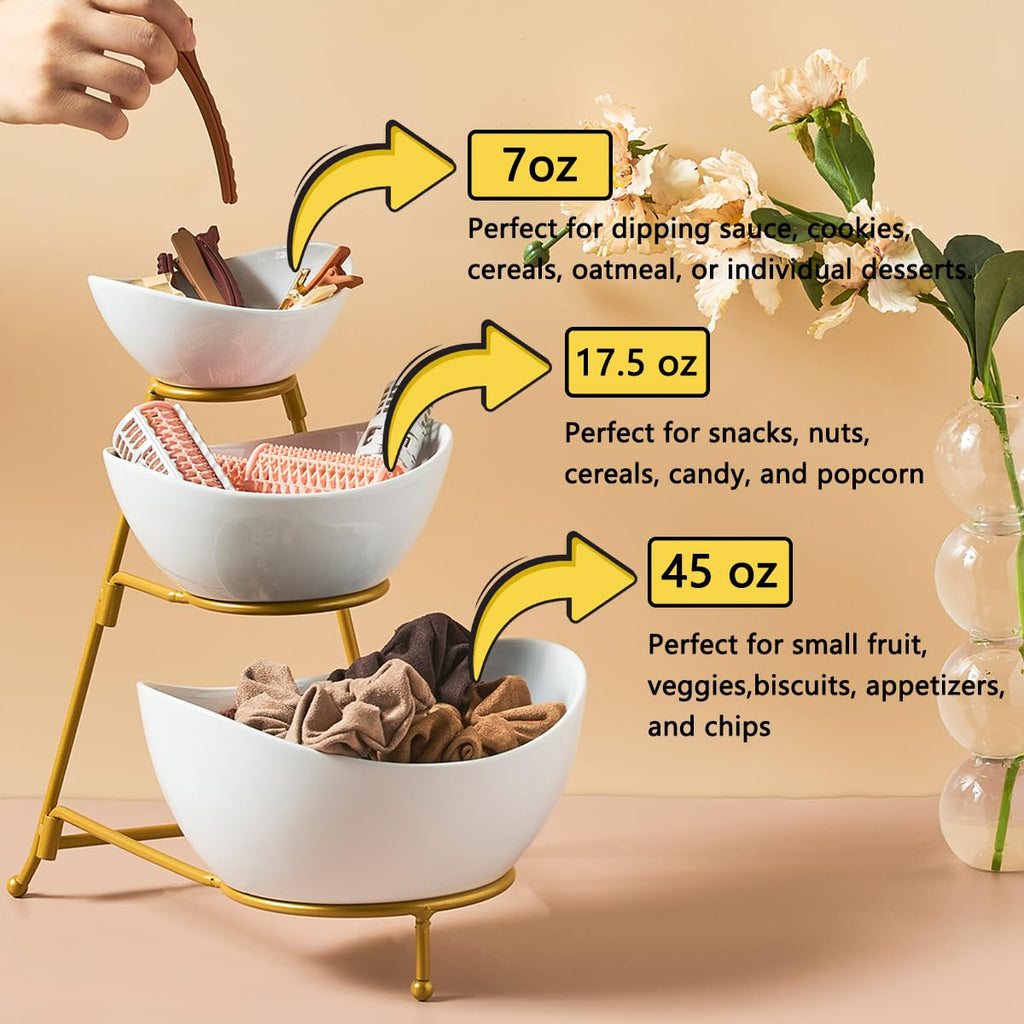 LYEOBOH 3 Tier Serving Bowls Set with Collapsible Thicker Metal Stand, Oval Serving Dishes for Entertaining Tiered Serving Stand for Fruit, Dessert, Candy, Chip and Dip (Black)
