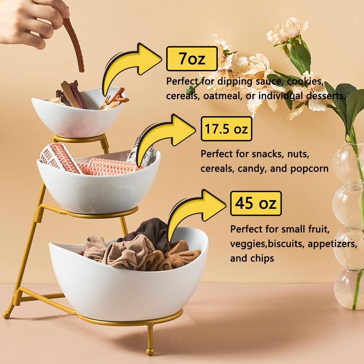 LYEOBOH 3 Tier Serving Bowls Set with Collapsible Thicker Metal Stand, Oval Serving Dishes for Entertaining Tiered Serving Stand for Fruit, Dessert, Candy, Chip and Dip (Black)