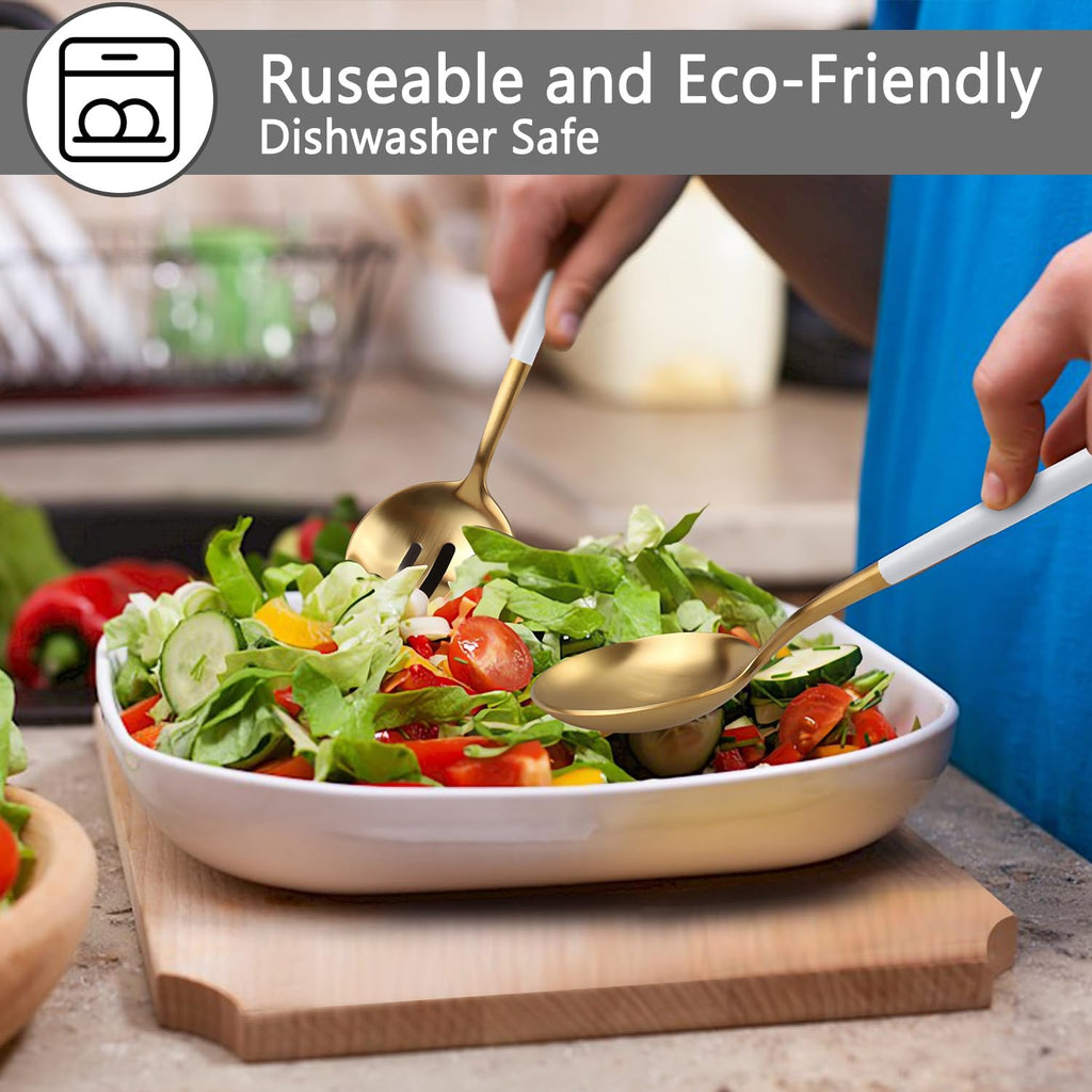 Gold Stainless Steel Serving Utensils Set, 5 Pcs - 10.8 Inch Serving Fork, 10.3 Inch Slotted Spoon, Sugar Spoon, Butter Knife for Buffet