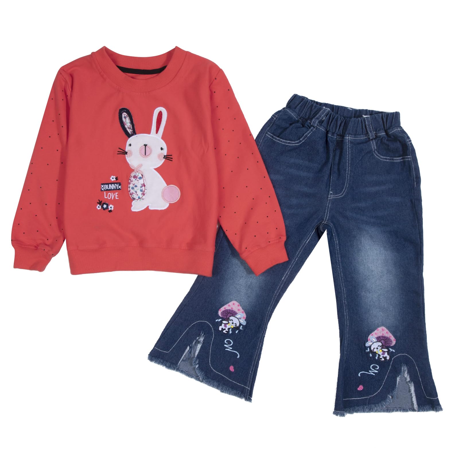 LUKYCILD Toddler Girl Clothes Baby Girl Long Sleeve Top + Jeans Pants with Pockets 2 Piece Outfit Cartoon Clothing Set
