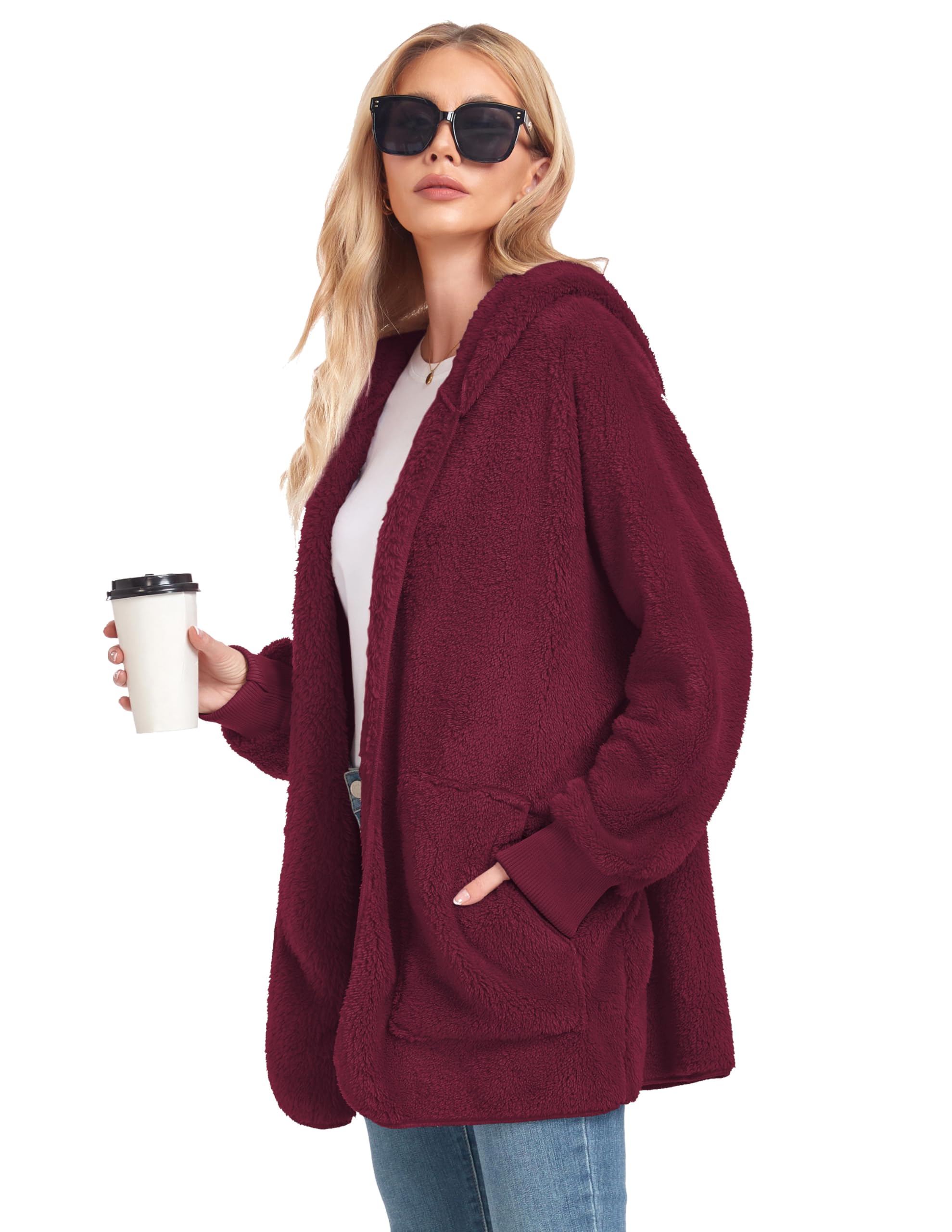 CHICGAL Womens Fuzzy Jacket Hooded Cardigan Open Front Sherpa Coat Outwear with Pockets