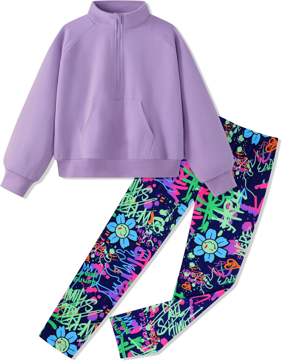 Girls Clothes Half Zip Sweatshirt Top and Full Print Tight Pants 2Pcs Outfit Set Kids 10-12