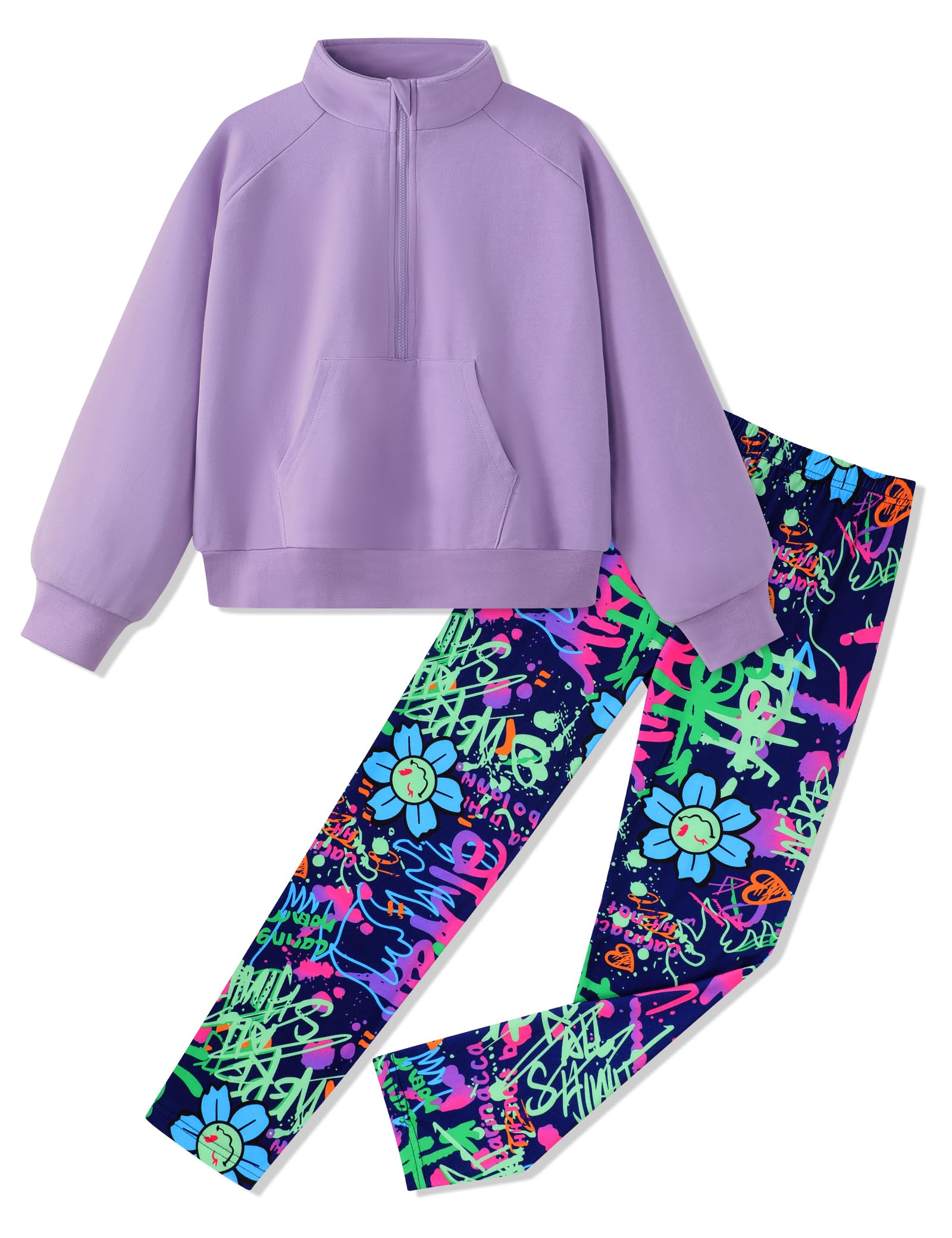 Girls Clothes Half Zip Sweatshirt Top and Full Print Tight Pants 2 Piece Outfit for Kids 6-14