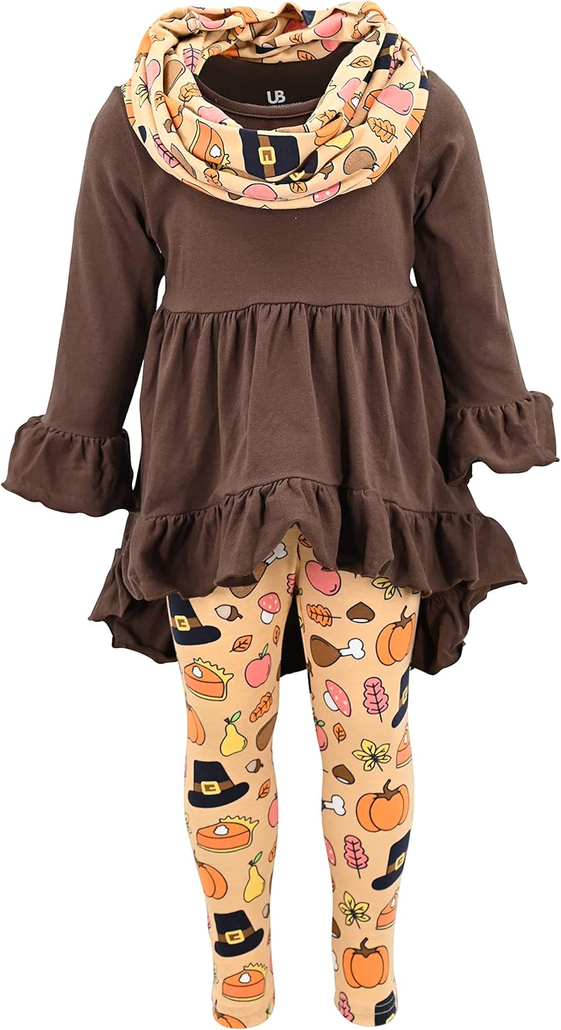 Unique Baby Girls Kids Toddler 3pc Outfit Set Long Sleeve Cotton Blend Tunic Top Leggings and Scarf