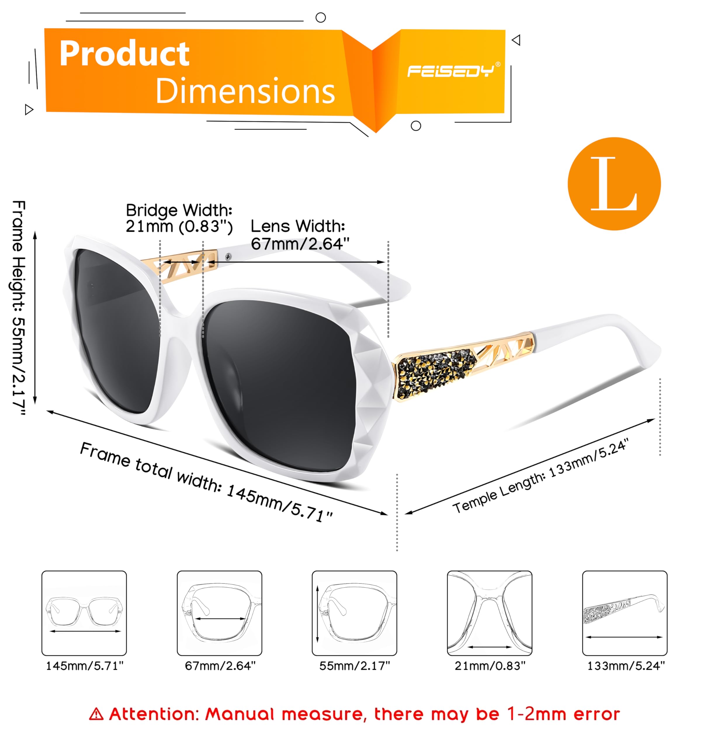 FEISEDY Polarized Women Square Sunglasses Sparkling Composite Shiny Frame B2289