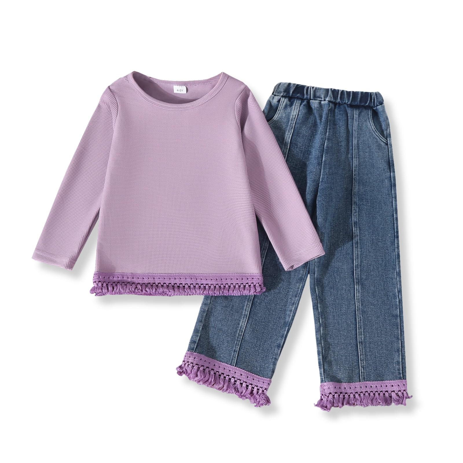 3-7 Years Toddler Girls Pants Set - Tassel Top & Washed Denim Pants Fall Winter Clothing Outfits Set for Girls