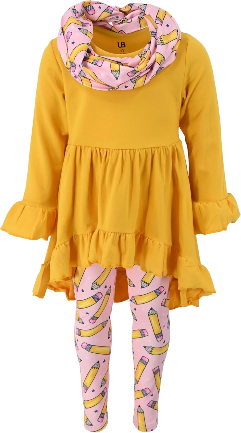 Unique Baby Girls Kids Toddler 3pc Outfit Set Long Sleeve Cotton Blend Tunic Top Leggings and Scarf