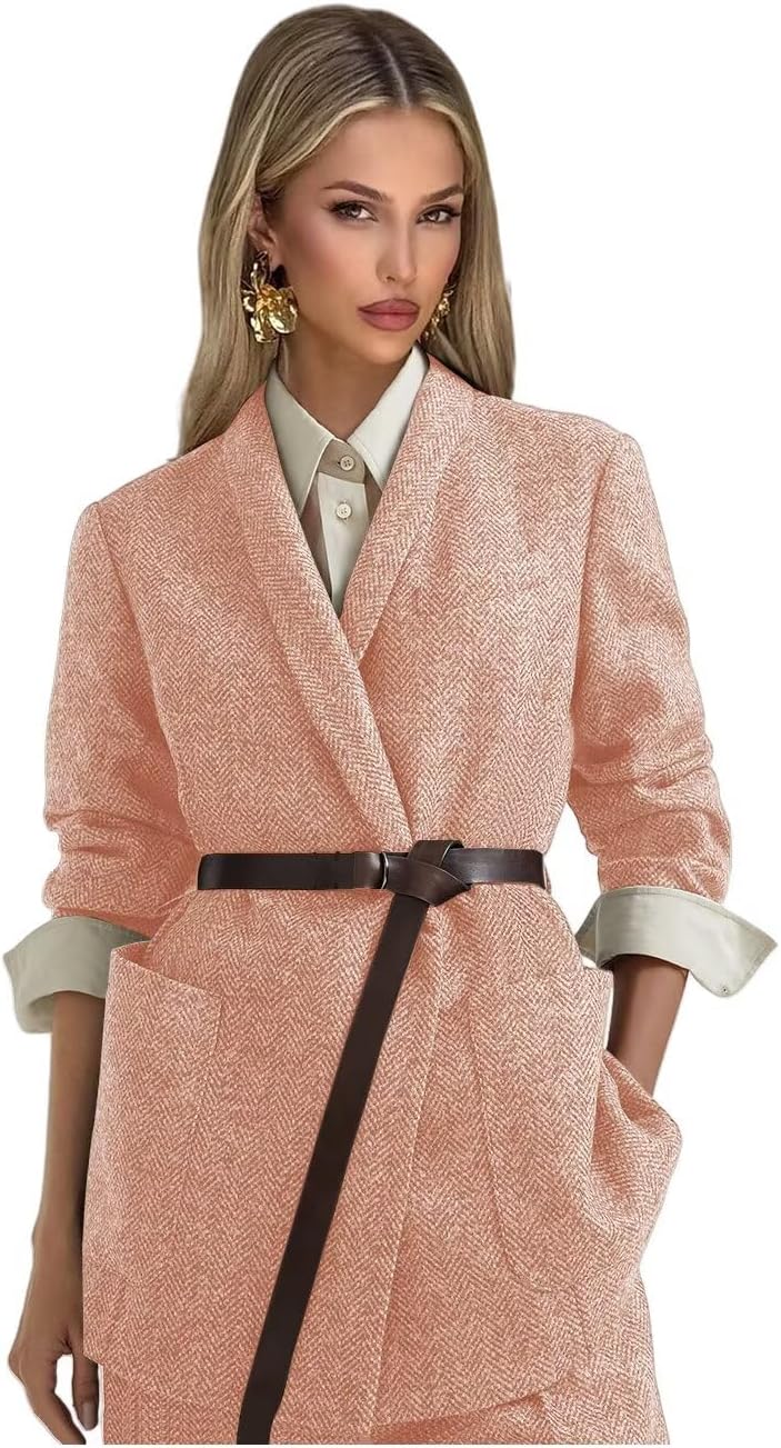 Tweed Suits for Women Dressy 2 Piece Herringbone Blazer and Pants with Belt Shawl Lapel Business Casual Outfits