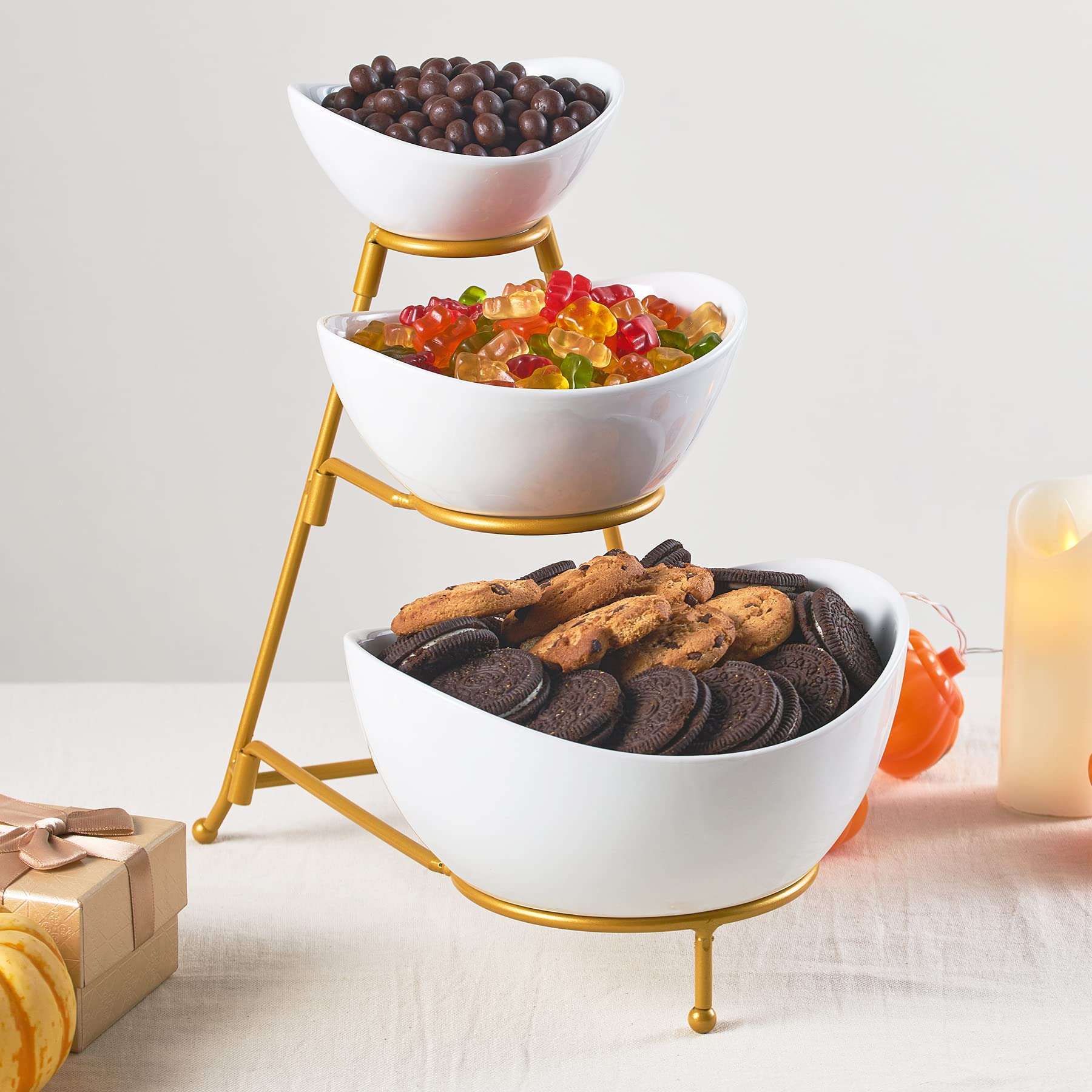 LYEOBOH 3 Tier Serving Bowls Set with Collapsible Thicker Metal Stand, Oval Serving Dishes for Entertaining Tiered Serving Stand for Fruit, Dessert, Candy, Chip and Dip (Black)