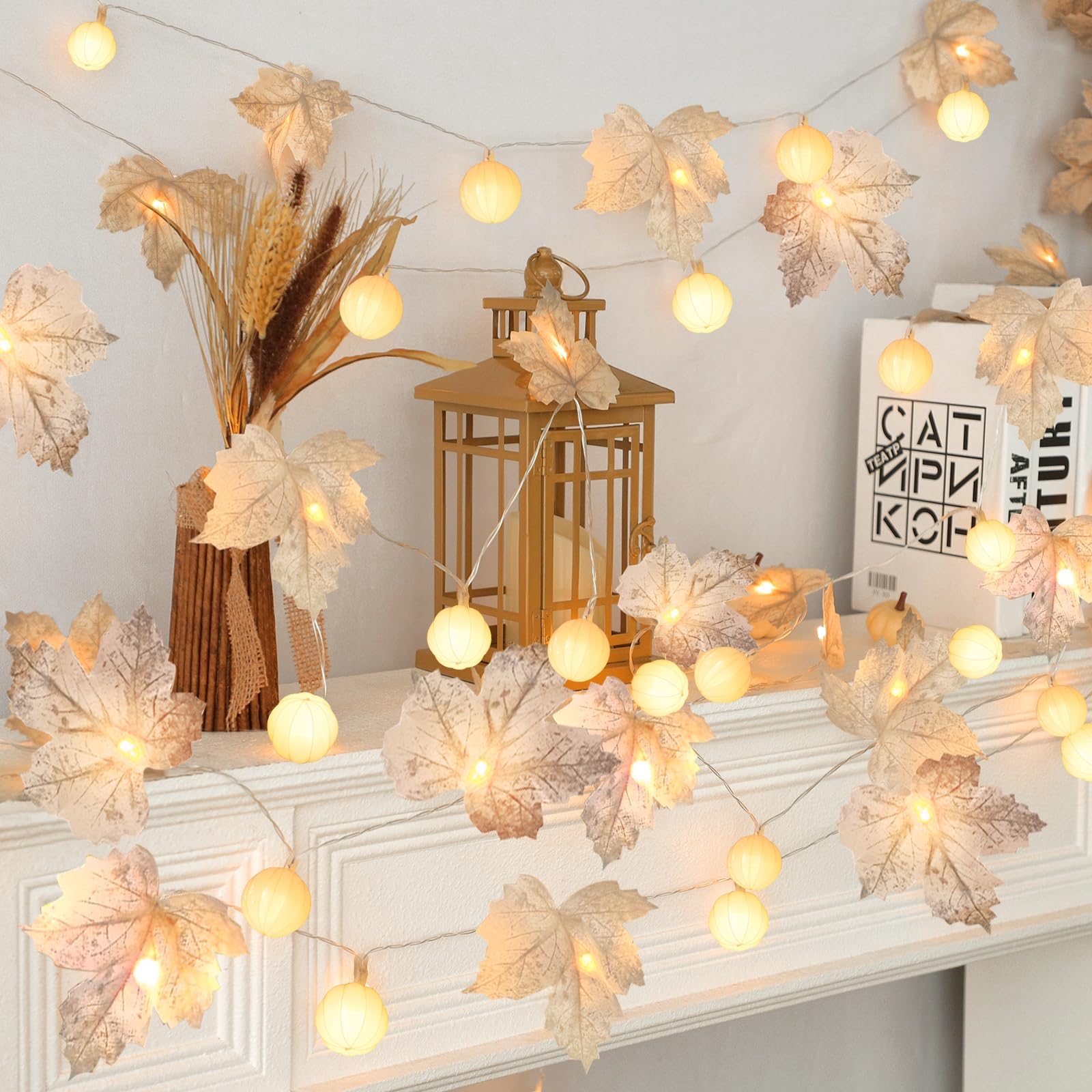 3 Pack Fall Garland with Pumpkin Lights & Enlarged Maple Fall Halloween String Lights Pumpkin Decor, 30Ft 60LED Waterproof Battery Operated Fall Decorations for Home Thanksgiving Decor Indoor Outdoor