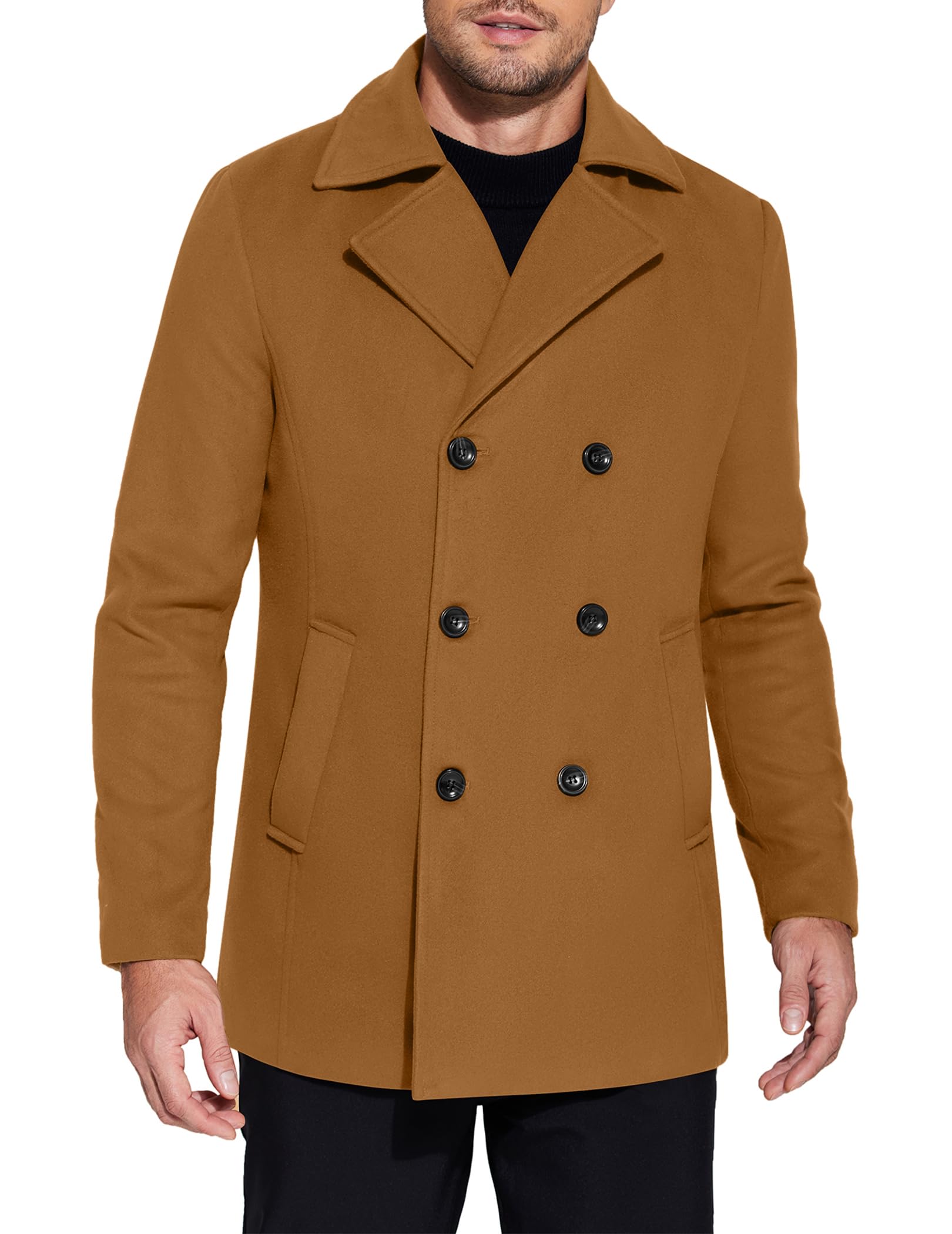 COOFANDY Men's Double Breasted Pea Coat Winter Overcoat Short Trench Coat Notched Collar