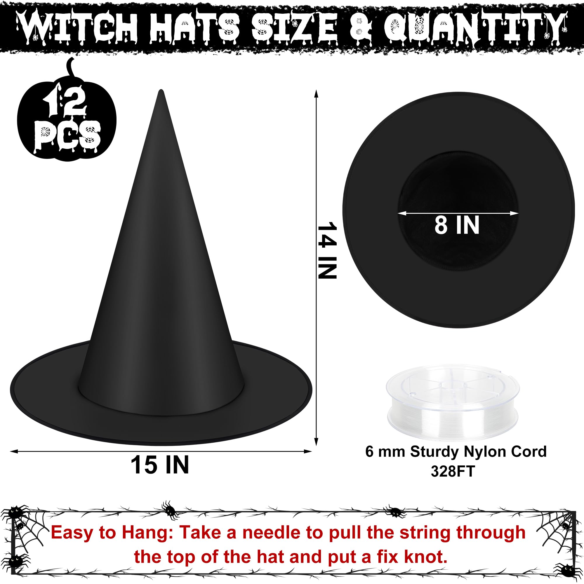 12 PCS Halloween Witch Hats, Black Hanging Witch Hat, Witch Costume Accessories Witches Hat with 328 FT Nylon Cord Wizard Hats Indoor Outdoor Halloween Decorations for Home Yard Porch Ceiling