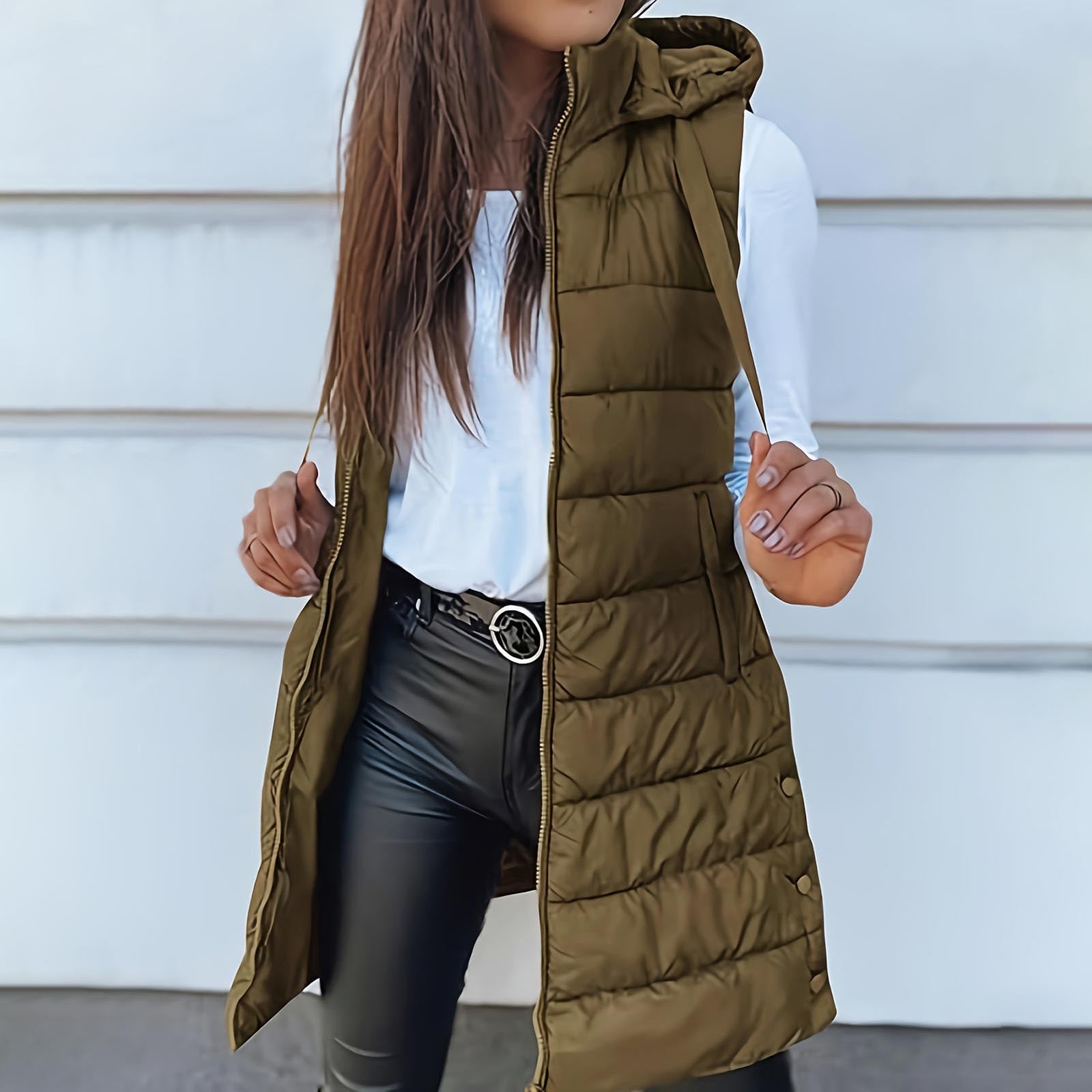 Long Puffer Vest Women Sleeveless Full Zip Up Puffy Jackets Quilted Padded Fall Coats Winter Outerwear