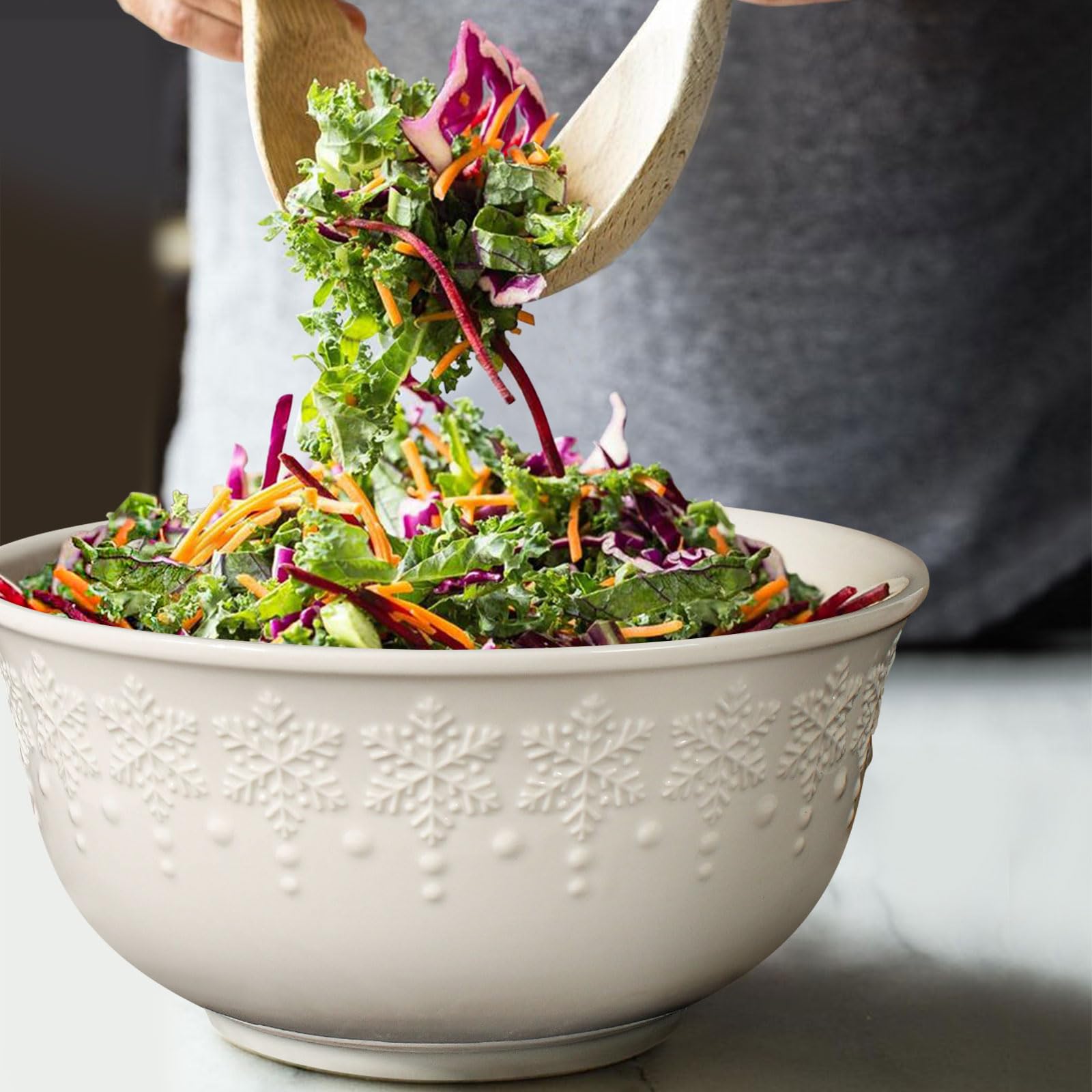 Large Salad Bowls Set of 4, 60oz White Serving Bowls Deep Deep Embossed Ceramic Mixing Bowl for Soup Kitchen, Eating, Ramen, Pasta, Dishwasher & Microwave Safe 8 inch (Multiple Patterns)