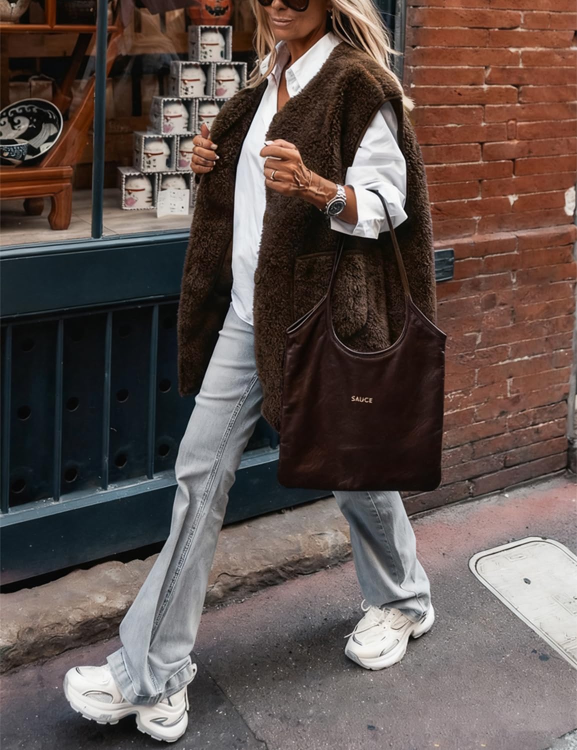 IDEALSANXUN Womens Oversized Fleece Vest Casual Sleeveless Sherpa Jackets