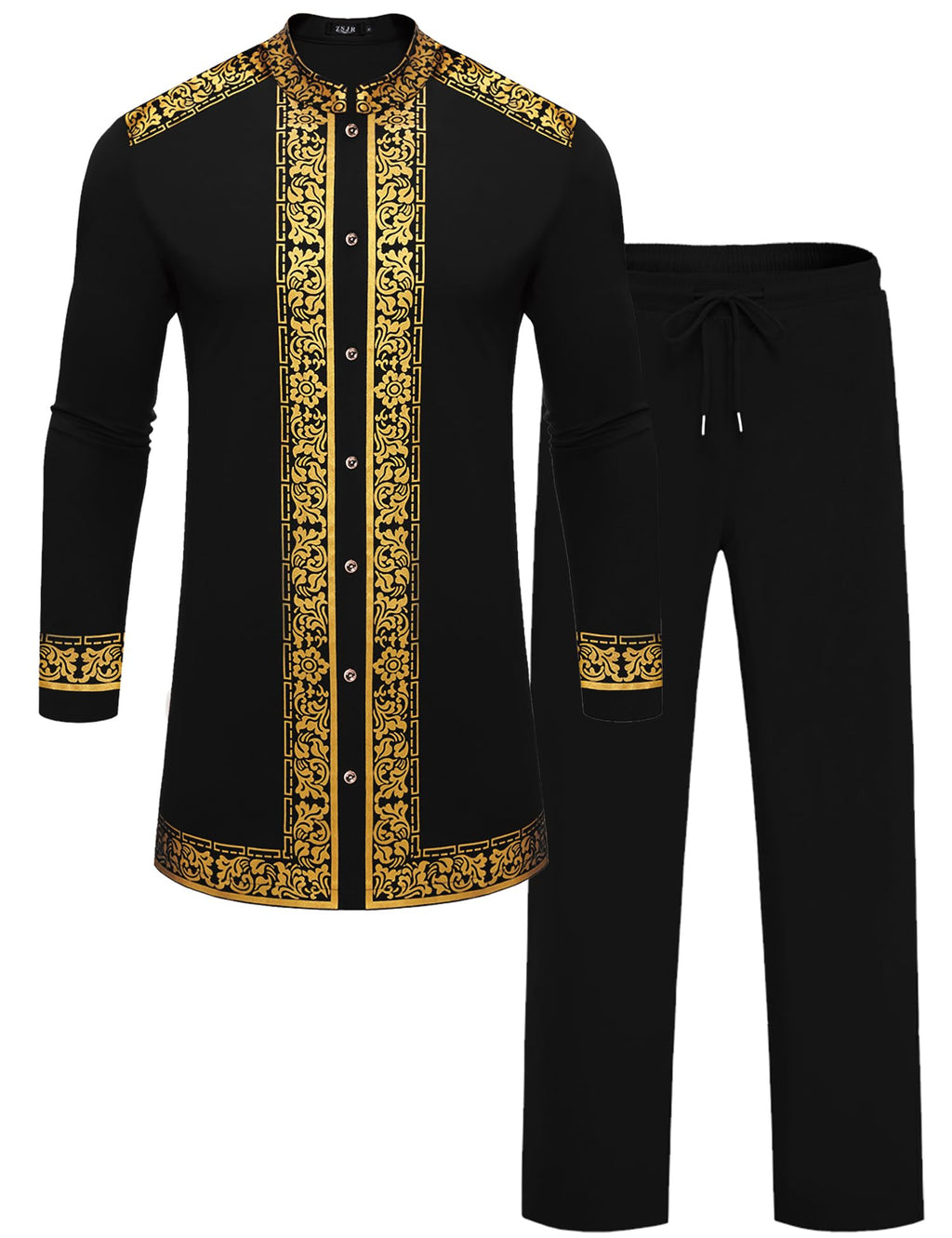 Mens African 2 Piece Set Nigerian Dashiki Metallic Traditional Suit Gold Stamp Printed Shirt and Pants Outfit