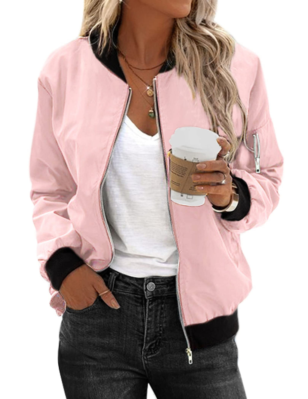 Zeagoo Women's Bomber Jacket Casual Coat Zip Up Spring Fall Clothes with Pockets S-XXL