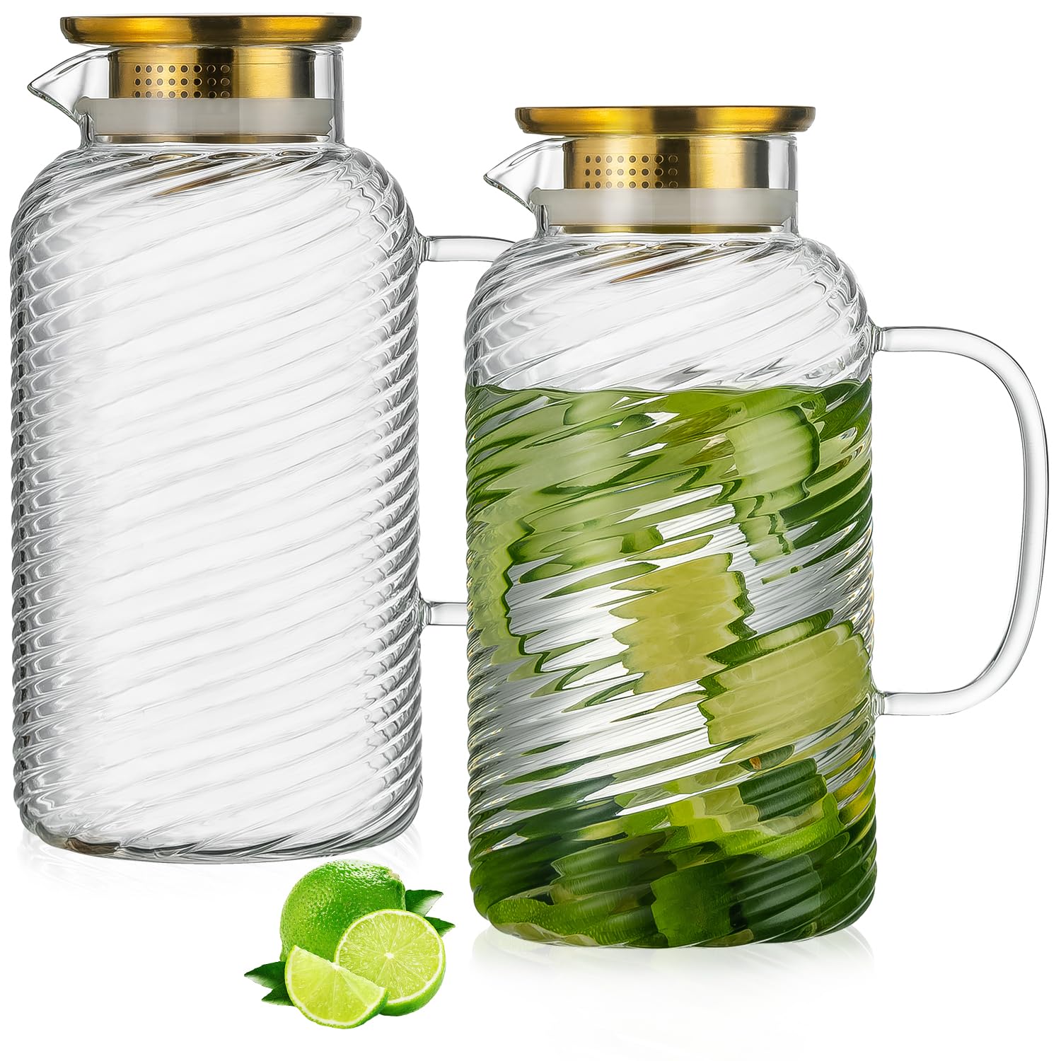 Glass Pitcher with Lid, 2 PACK 68 oz/2 Liter Vintage Water Pitcher, Clear Borosilicate Glass Water Carafe for Cold Brew, Coffee, Lemonade, Iced Sun Tea,Beverage, Milk, Heat Resistant