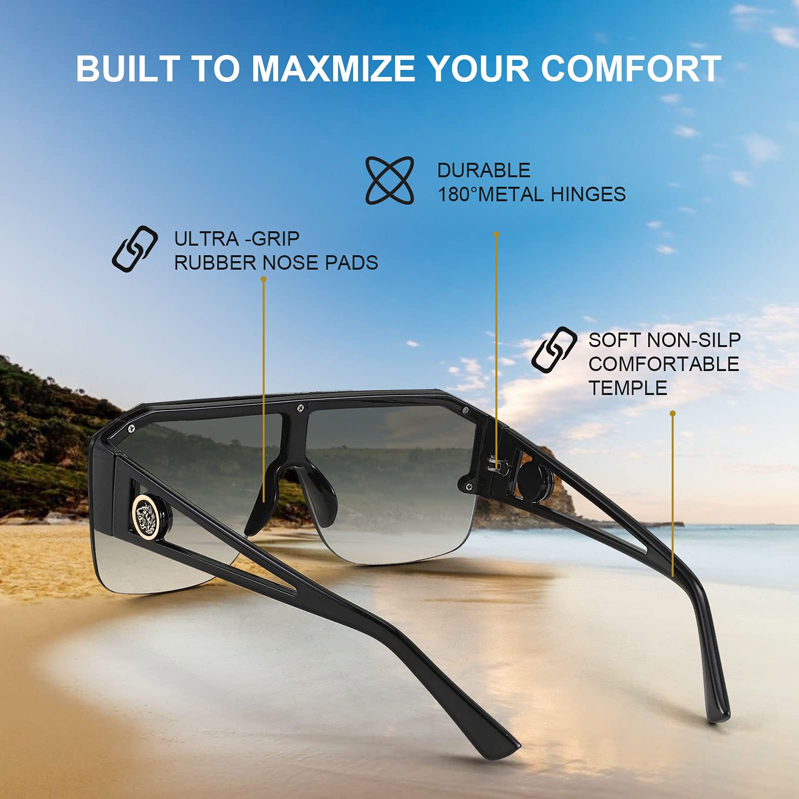 FEISEDY Square Oversized Sunglasses for Men Women, Flat Top Shield One Piece Lens Sun Glasses Shades B2765