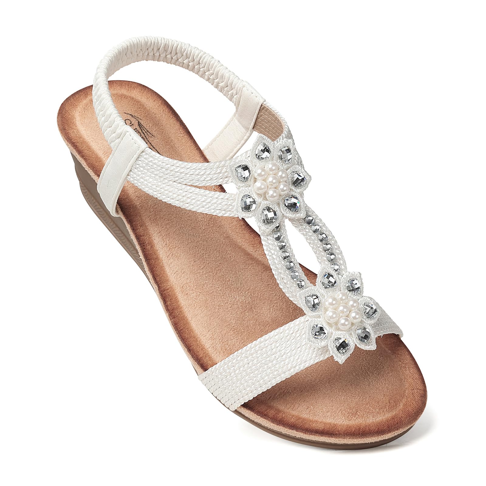 SHIBEVER Womens Wedge Sandals Flower Low Heel Dressy Sandals Elastic Ankle Strap Rhinestone Summer Comfortable Shoe