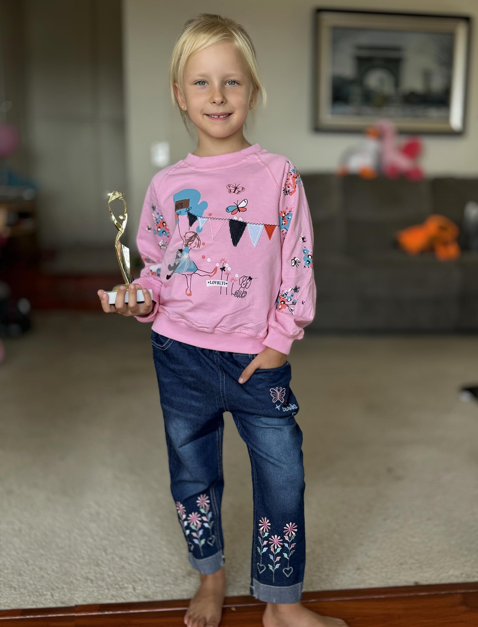 LUKYCILD Toddler Girl Clothes Baby Girl Long Sleeve Top + Jeans Pants with Pockets 2 Piece Outfit Cartoon Clothing Set