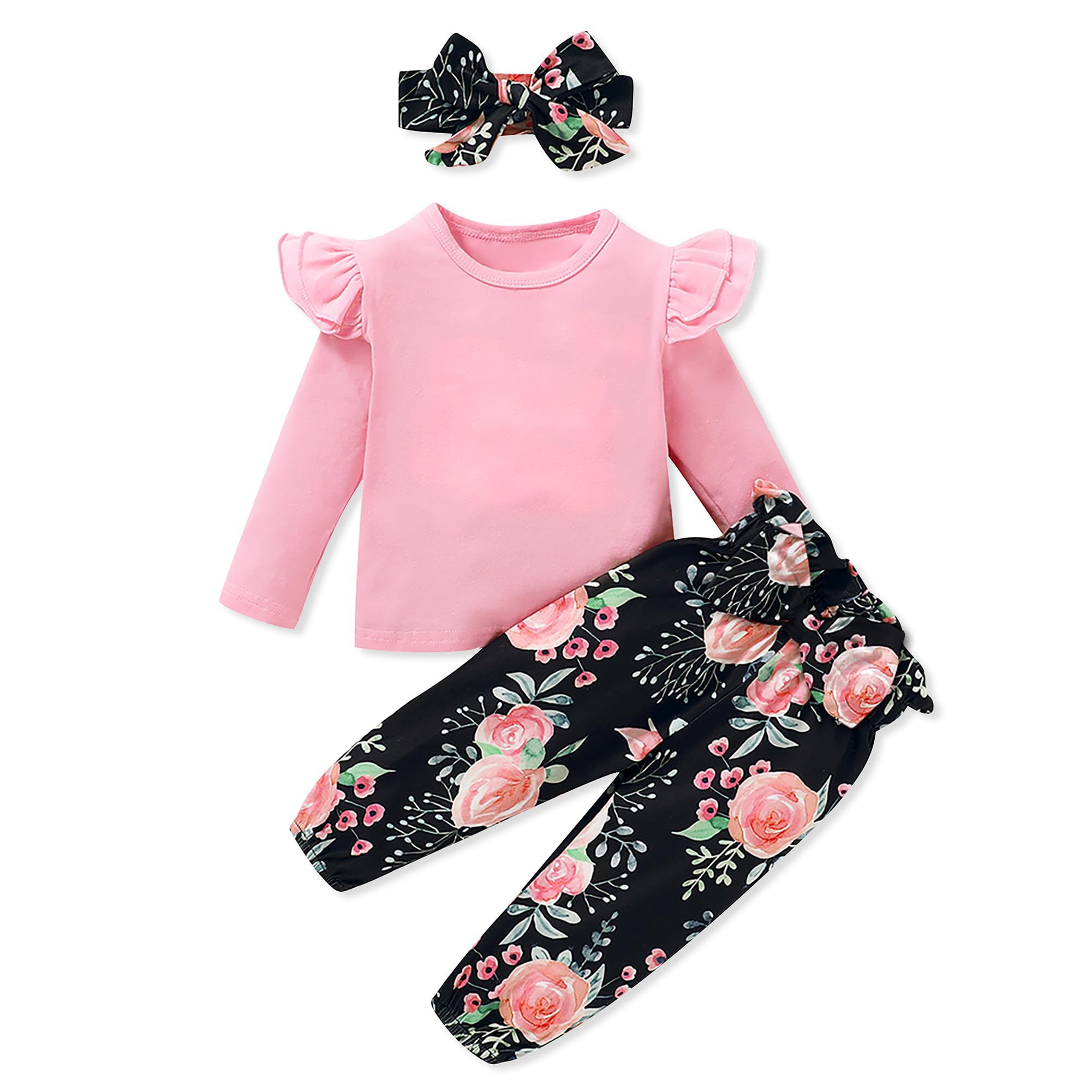 SANMIO Toddler Girl Clothes Outfits Cute Ruffle Sleeve Shirt Floral Pant+Headband 3Pcs Baby Girl Clothing Set 1-6T