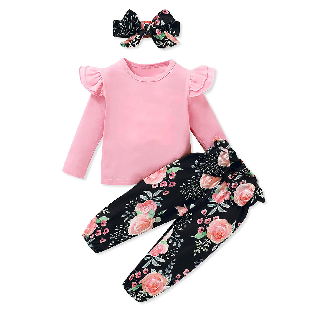 SANMIO Toddler Girl Clothes Outfits Cute Ruffle Sleeve Shirt Floral Pant+Headband 3Pcs Baby Girl Clothing Set 1-6T