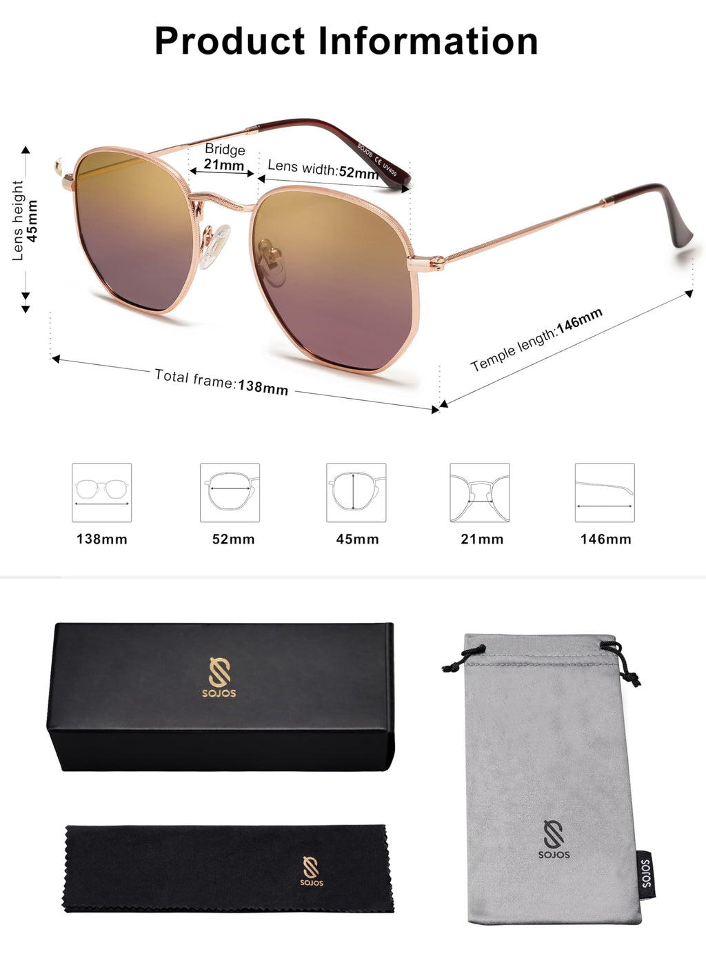SOJOS Square Polarized Sunglasses for Women Men Small Hexagonal Polygon Shades SJ1072