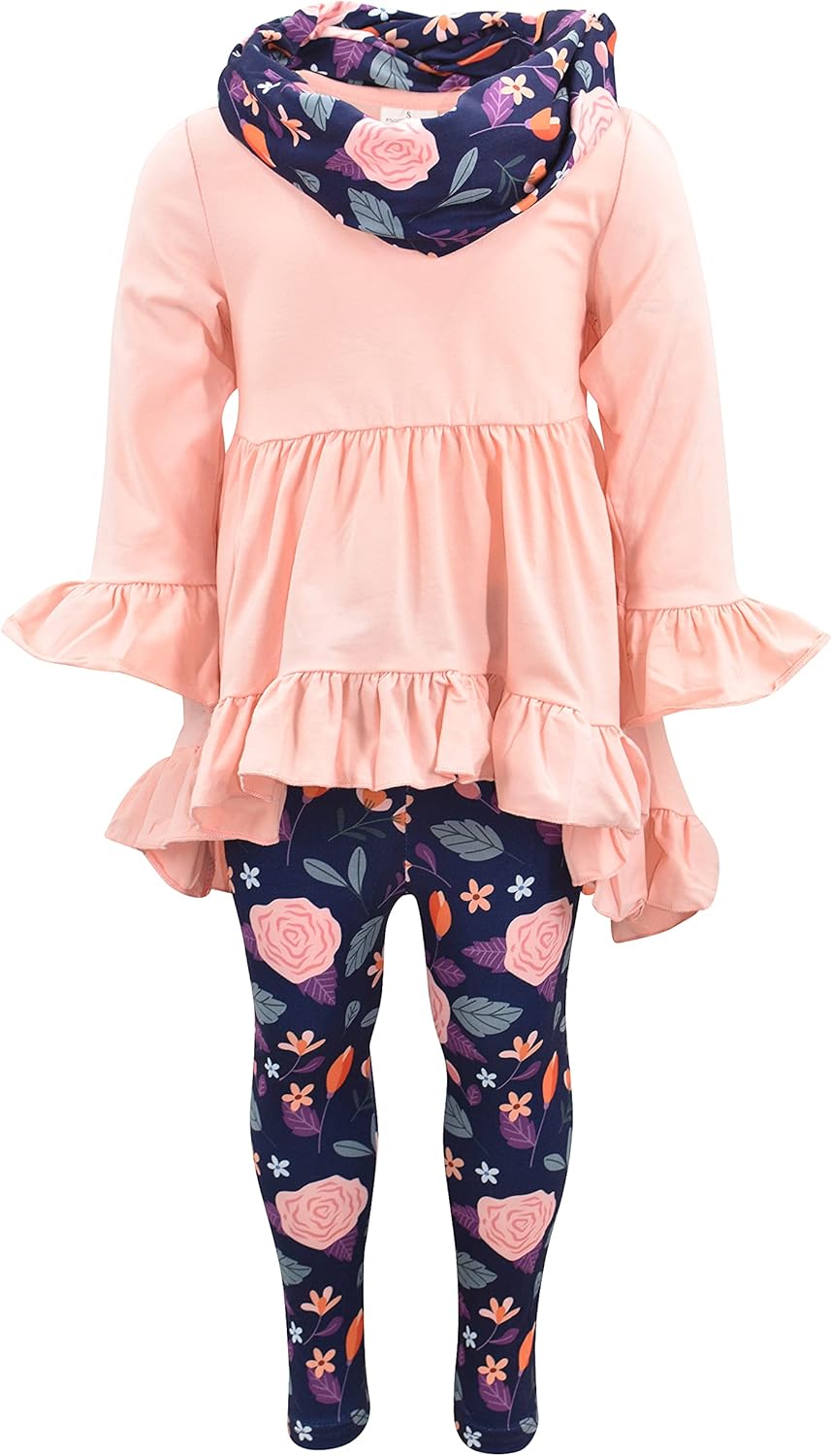 Unique Baby Girls Kids Toddler 3pc Outfit Set Long Sleeve Cotton Blend Tunic Top Leggings and Scarf