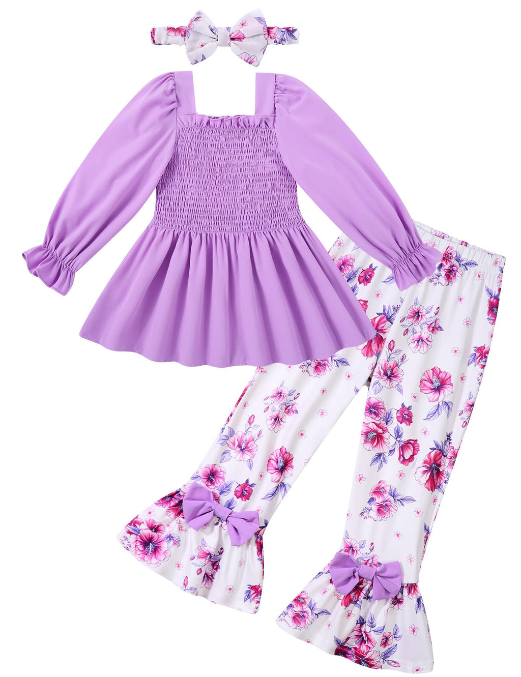 UNICOMIDEA Girls Clothes Set Shirt Top and Flare Pants with Bowknot 2-5T Kids 3 Piece Outfit For Girl